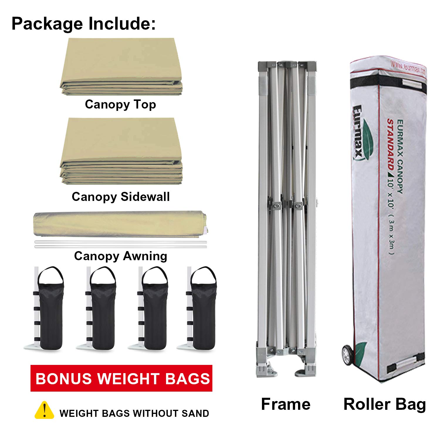 Eurmax USA 10x10 Commercial Pop Up Canopy Tent - Heavy Duty Outdoor Party Canopy with 4 Removable Zippered Sidewalls, Roller Bag, 4 Sand Bags & 24 Sq Ft Extended Awning (Beige) | Perfect for Backyard BBQs, Farmers Markets, Beach Outings & Outdoor Events