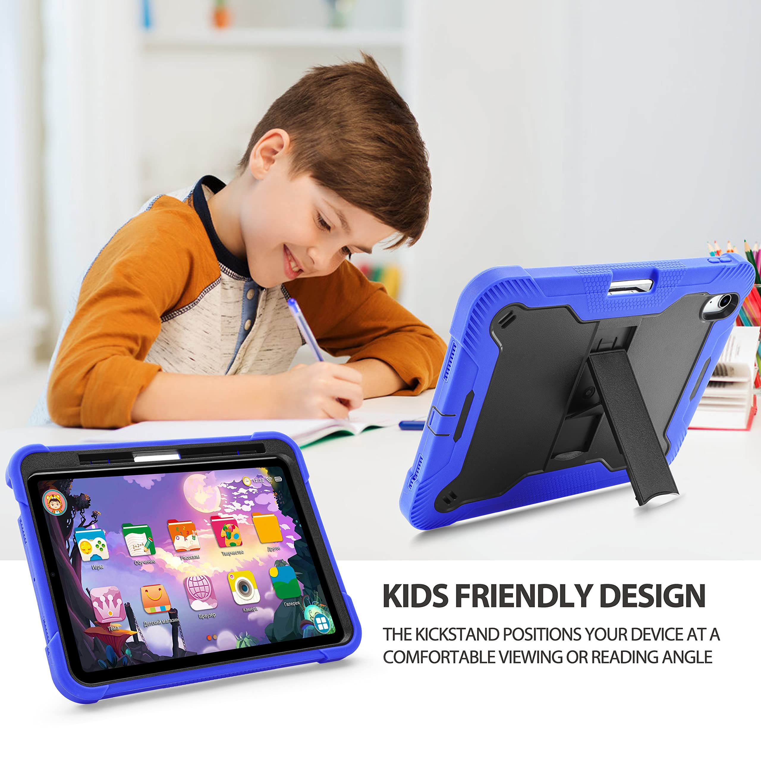 Shockproof iPad 10th Generation Case 2022 - KIQ Guardian Hybrid Protective Cover with Kickstand for Apple iPad 10.9 (10th Gen) | Black & Blue | Perfect for Work, Travel & Entertainment