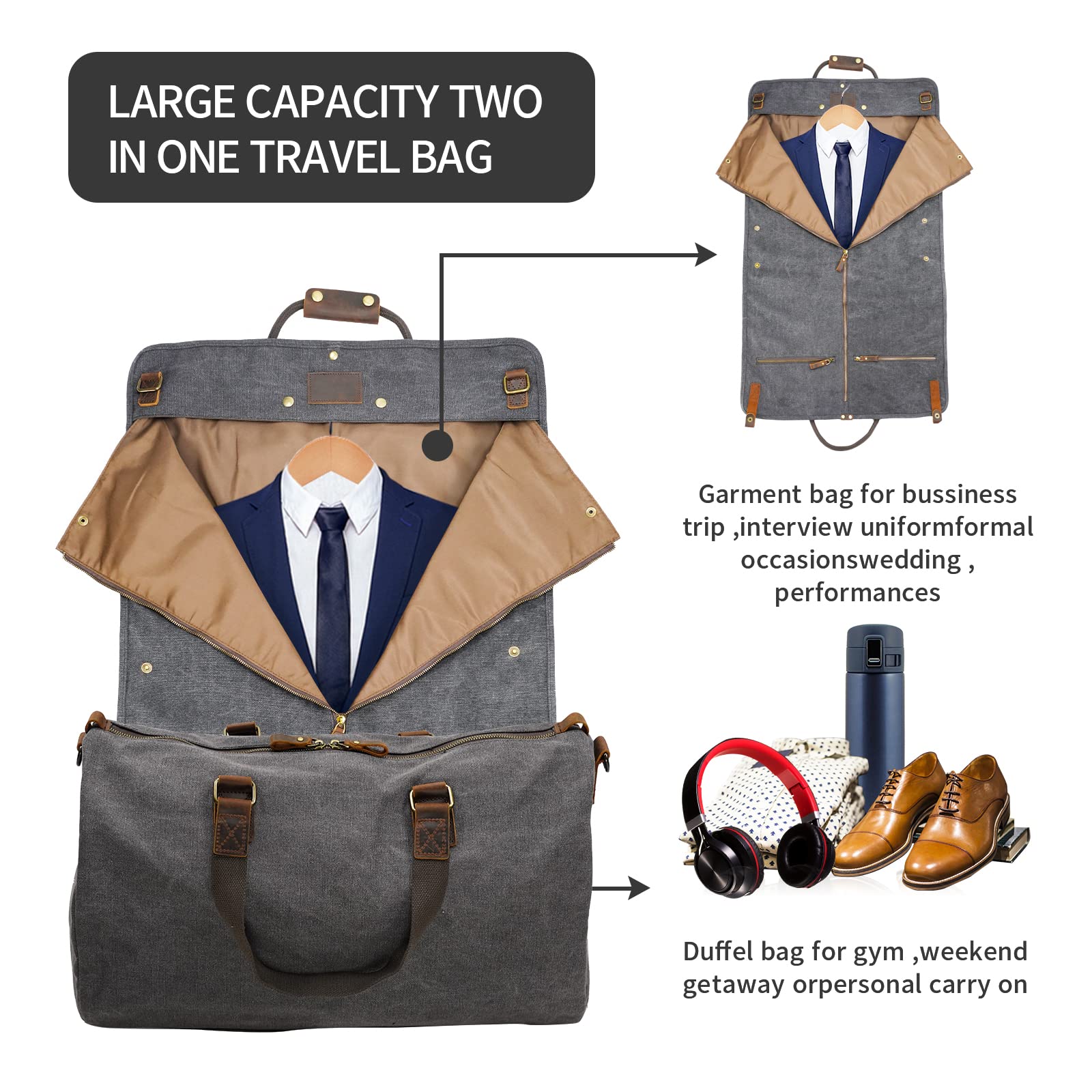 2 in 1 Canvas Leather Suit Luggage Garment Bag with Adjustable Shoulder Strap - Waterproof Travel & Business Carry-On for Men & Women (Grey) - Perfect for Airplane, Office & Wedding Trips