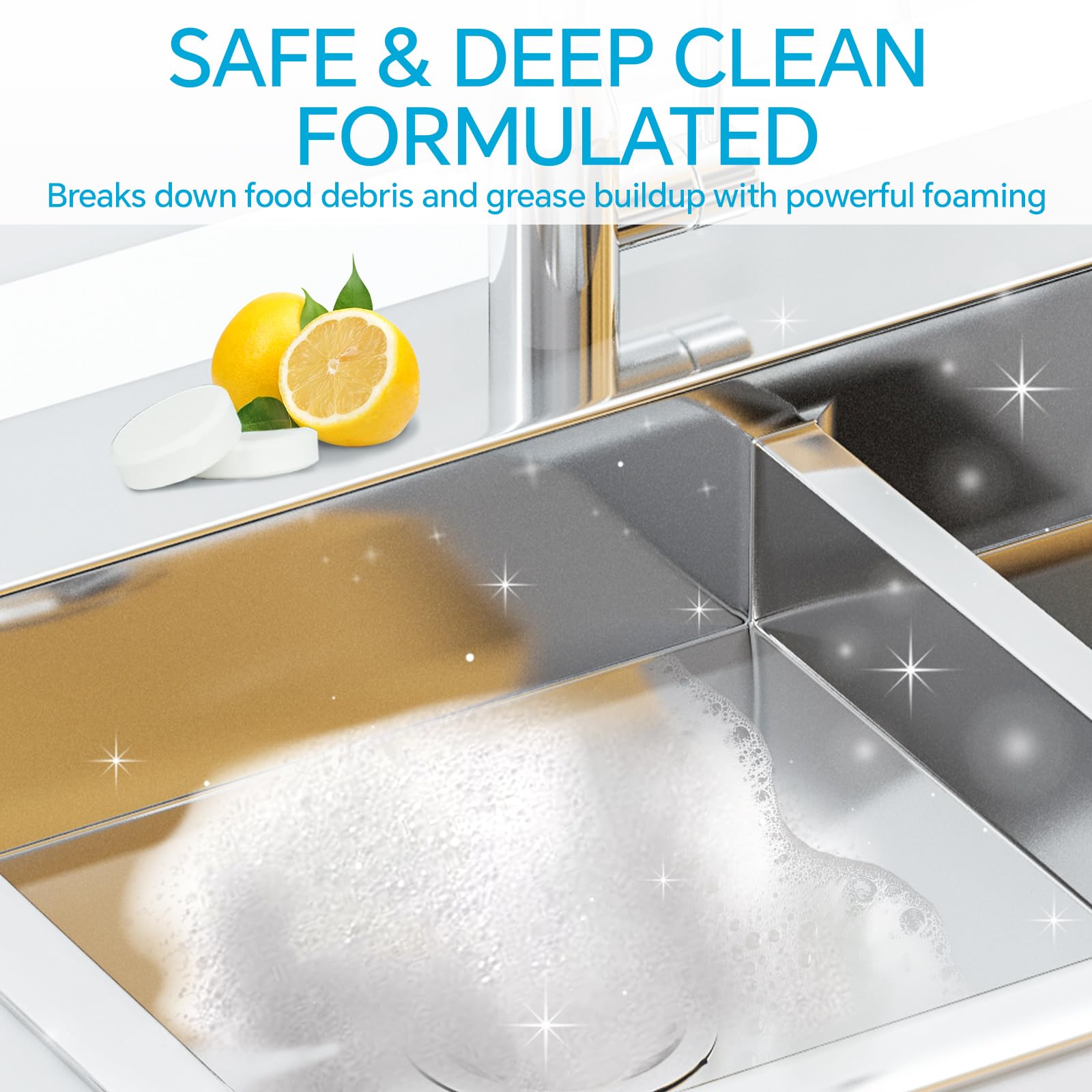 Powerful Foaming Garbage Disposal Cleaner Tablets - XXL 20g (12 Pack) | Natural Kitchen Drain Cleaner & Deodorizer | Prevents Odors & Clogs | 1 Year Supply | Ideal for Kitchen Sinks, Dishwashers & Garbage Disposals