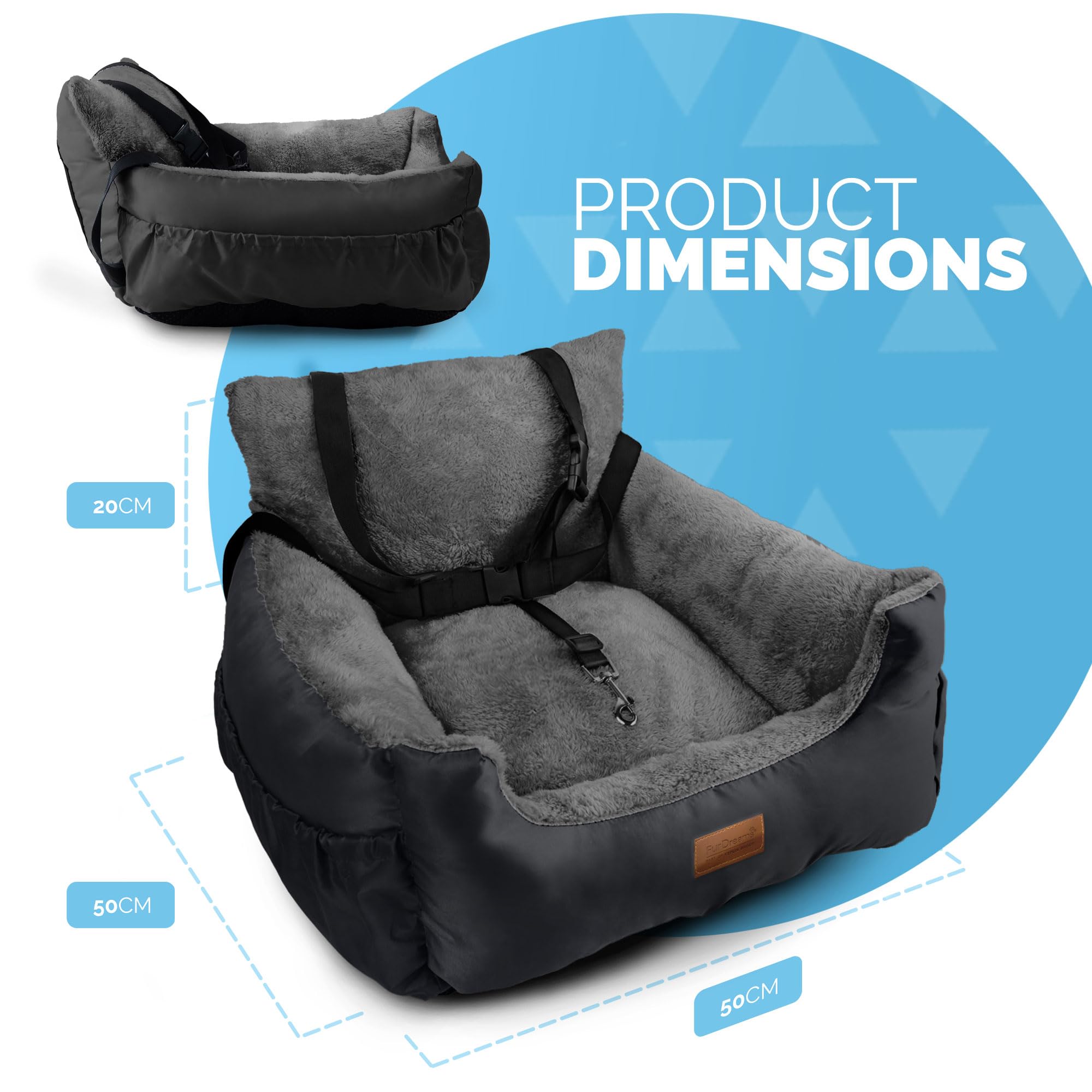 Premium Plush Dog Car Seat for Small Dogs & Cats - Soft & Cozy Pet Booster Seat with Safety Leash, Storage Pocket, Waterproof Liner & Non-Slip Base - Perfect for Travel, Road Trips & Daily Commutes (Black/Grey)