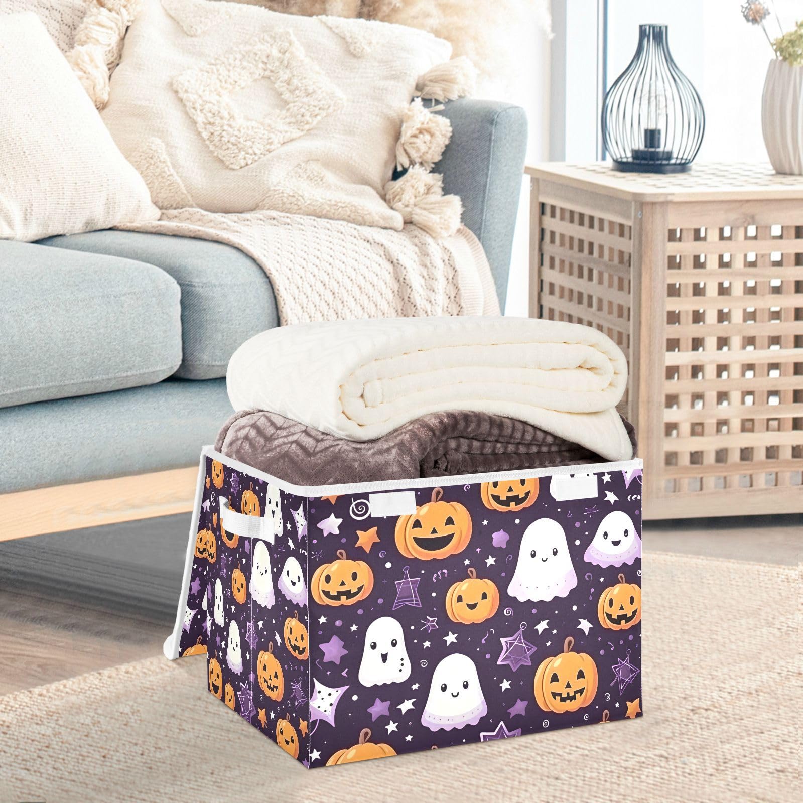 Senya Collapsible Halloween Storage Baskets with Lids - Ghost Pumpkin Purple Stars Design for Organizing Clothes, Toys & Home Decor | Perfect for Halloween Decor, Kids Room Organization & Seasonal Storage