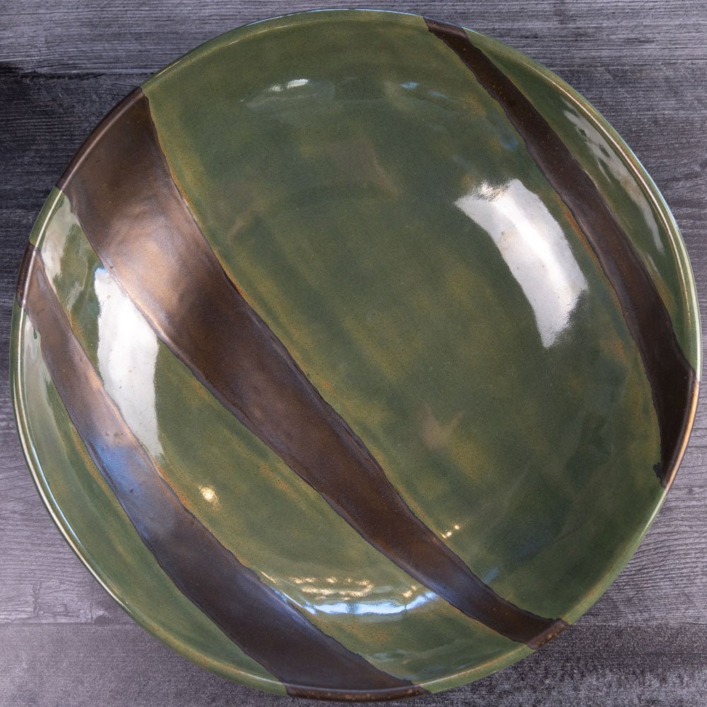 XXL Stoneware Decorative Serving Abstract Bowl - Handcrafted Ceramic Centerpiece for Dining Table, Kitchen Decor in Greens & Metallic Finish | Perfect for Fruit Display, Salad Serving, and Modern Home Decor