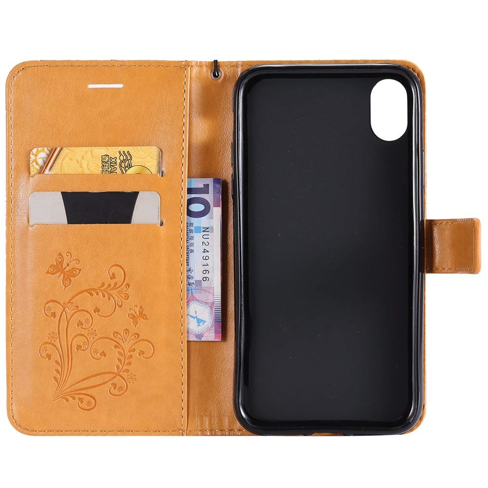 Butterfly Floral PU Leather Wallet Stand Phone Case with Wrist Strap for iPhone Xr (6.1 Inch) - Yellow | Slim Protective Cover with Card Slots | Perfect for Everyday Use, Travel & Hands-Free Viewing