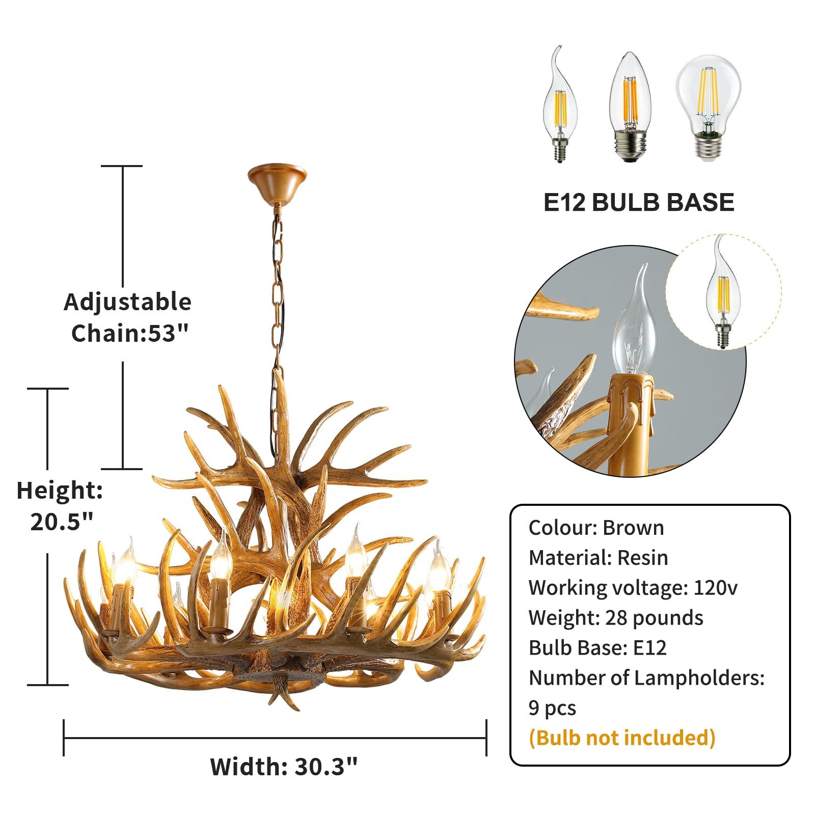 Adjustable Chain Deer Antler Chandelier - 9-Light Farmhouse Lighting Fixture for Dining Room, Kitchen, Living Room | Rustic Cabin Decor for High Ceilings | Perfect for Home, Bar & Cafe Ambiance