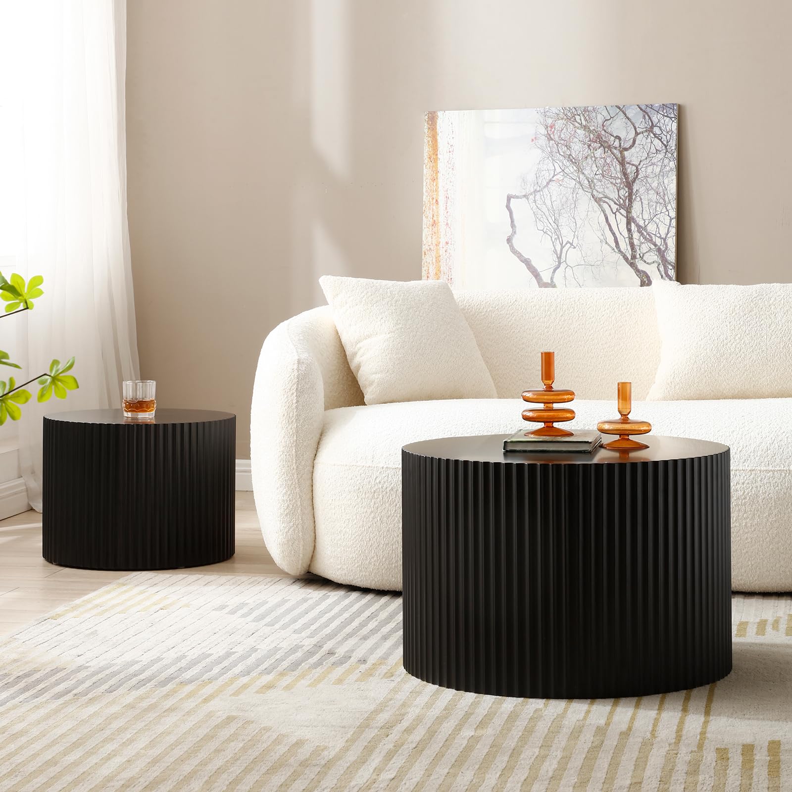 Modern Round Nesting Coffee Table Set of 2 - Handcrafted Wood Drum Side Tables with Embossed Design - Black Accent End Tables for Living Room & Bedroom - Perfect for Small Spaces, Coffee Time, and Stylish Home Decor