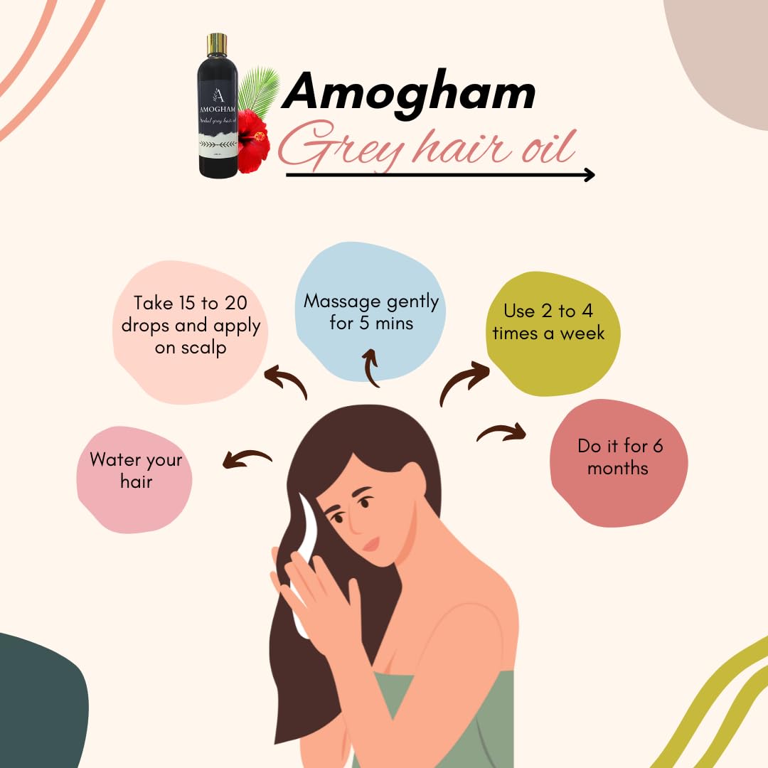 Amogham Grey Hair Oil - Natural Darkening Oil for Grey Hair | Strengthens Hair Follicles, Reduces Breakage & Dandruff | 26+ Ayurvedic Herbs Formula | 200ml Bottle for Men & Women | Perfect for Daily Hair Care & Premature Greying Treatment