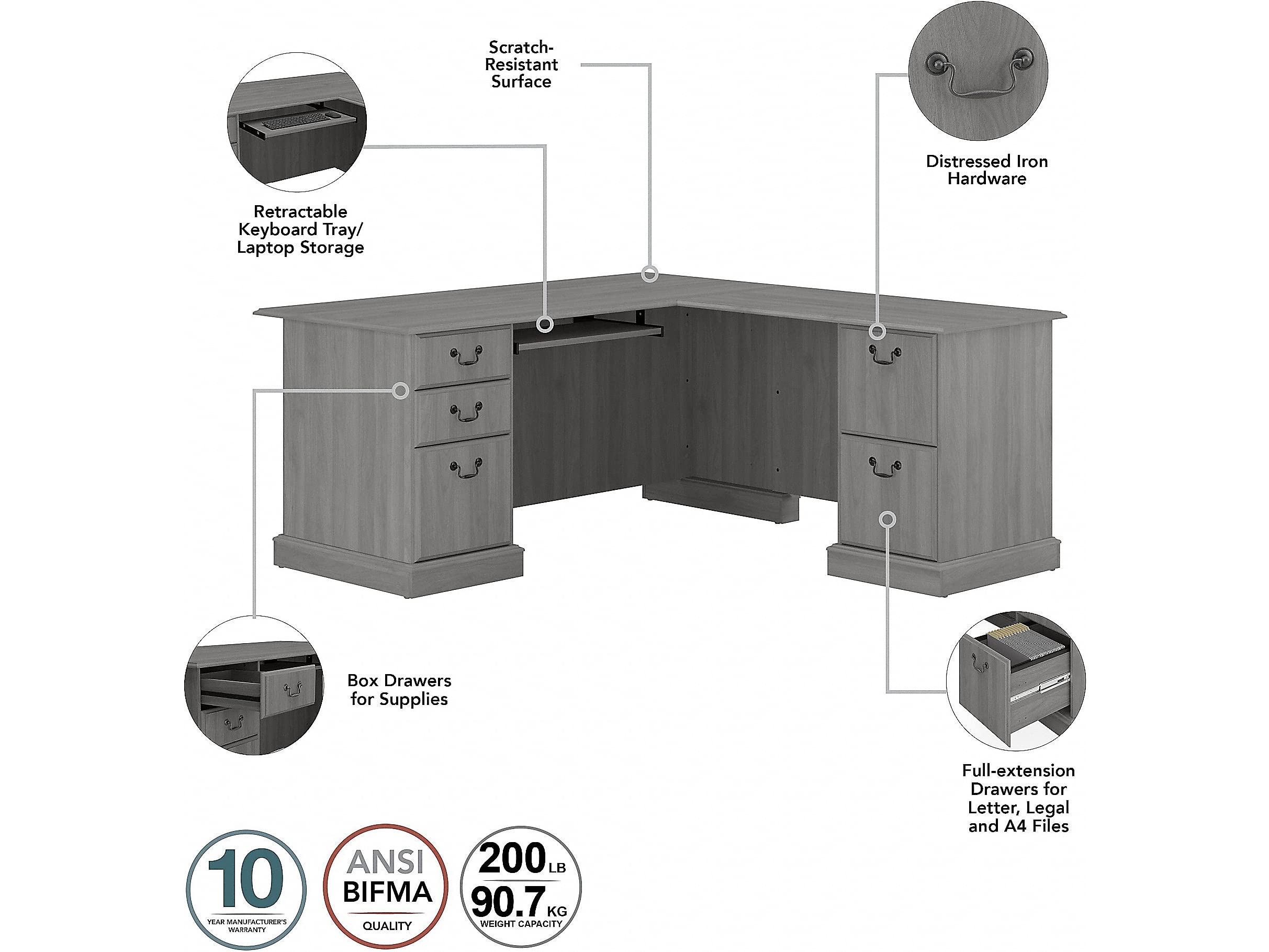 Bush Furniture Saratoga L-Shaped Computer Desk with Bookcase - Modern Gray Home Office Desk for Small Spaces, Gaming & Study Workstation