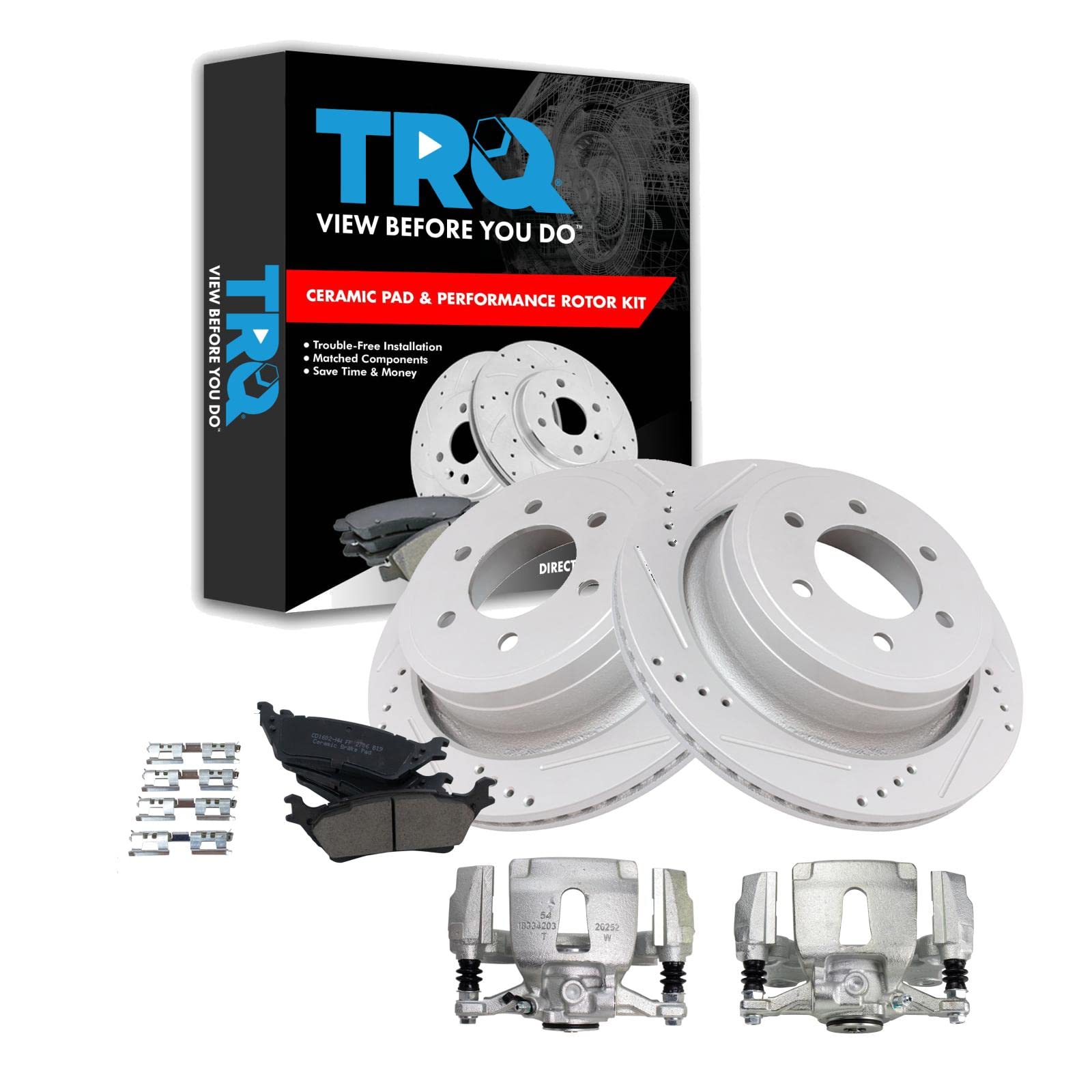 Premium TRQ Rear Performance Brake Pad & Rotor Kit - Ceramic Vented G-Coated Brake Caliper Set for 2015-2018 Ford F-150 | Heavy-Duty Truck Braking System for Towing & Off-Road Use
