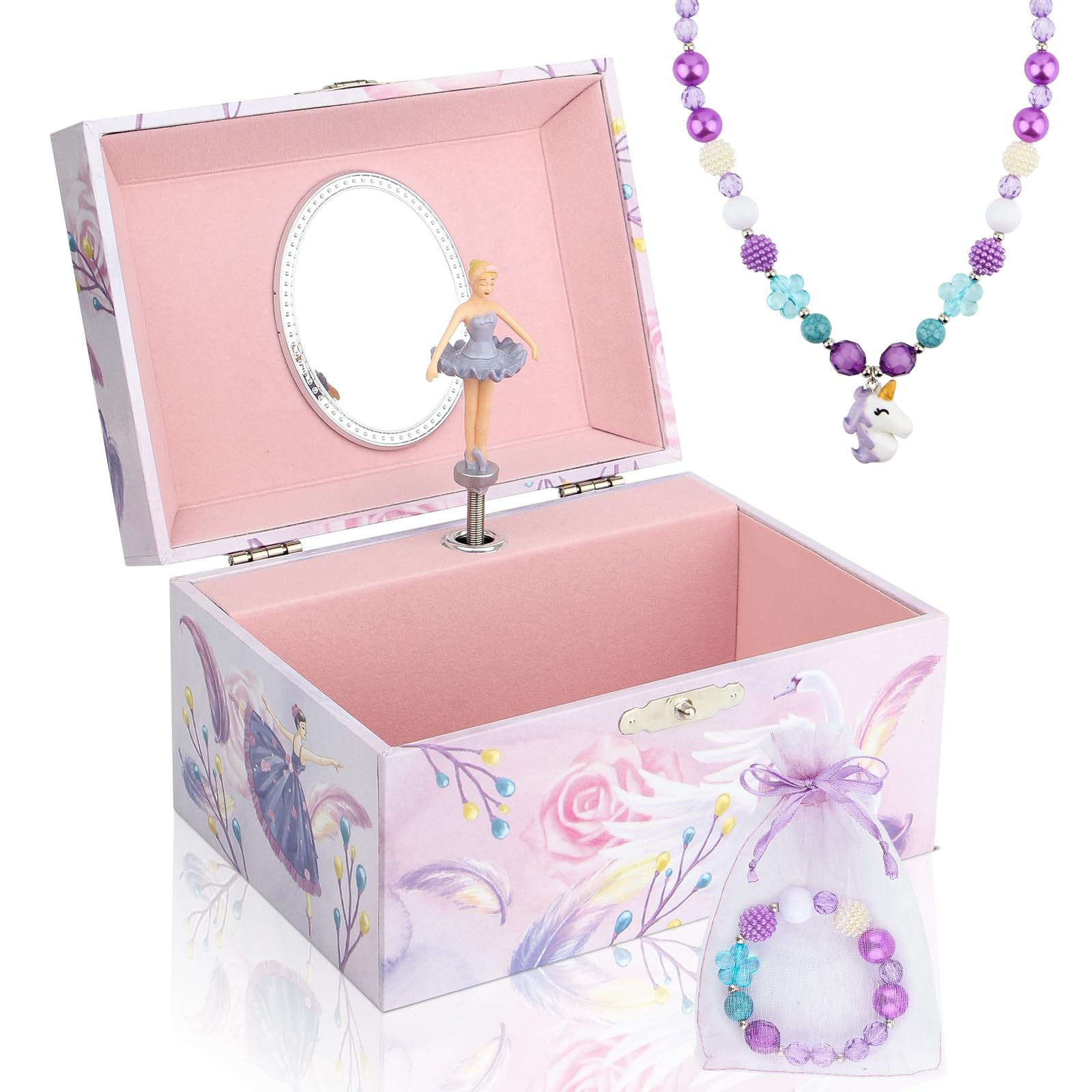 Girls' Musical Jewelry Box Organizer with Jewelry Set - Pink & Purple Spinning Ballerina Music Box with Swan Lake Melody - Perfect Jewelry Storage Gift for Birthday, Christmas & Dance Lovers