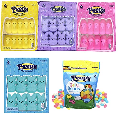 Easter Peeps Marshmallow Candy Variety Pack - 15 Yellow Chicks, 15 Pink Chicks, 12 Lavender Bunnies, 12 Blue Bunnies & 10oz Jelly Beans - Assorted Fruit Flavors for Easter Baskets, Egg Hunts, Party Favors & Holiday Treats