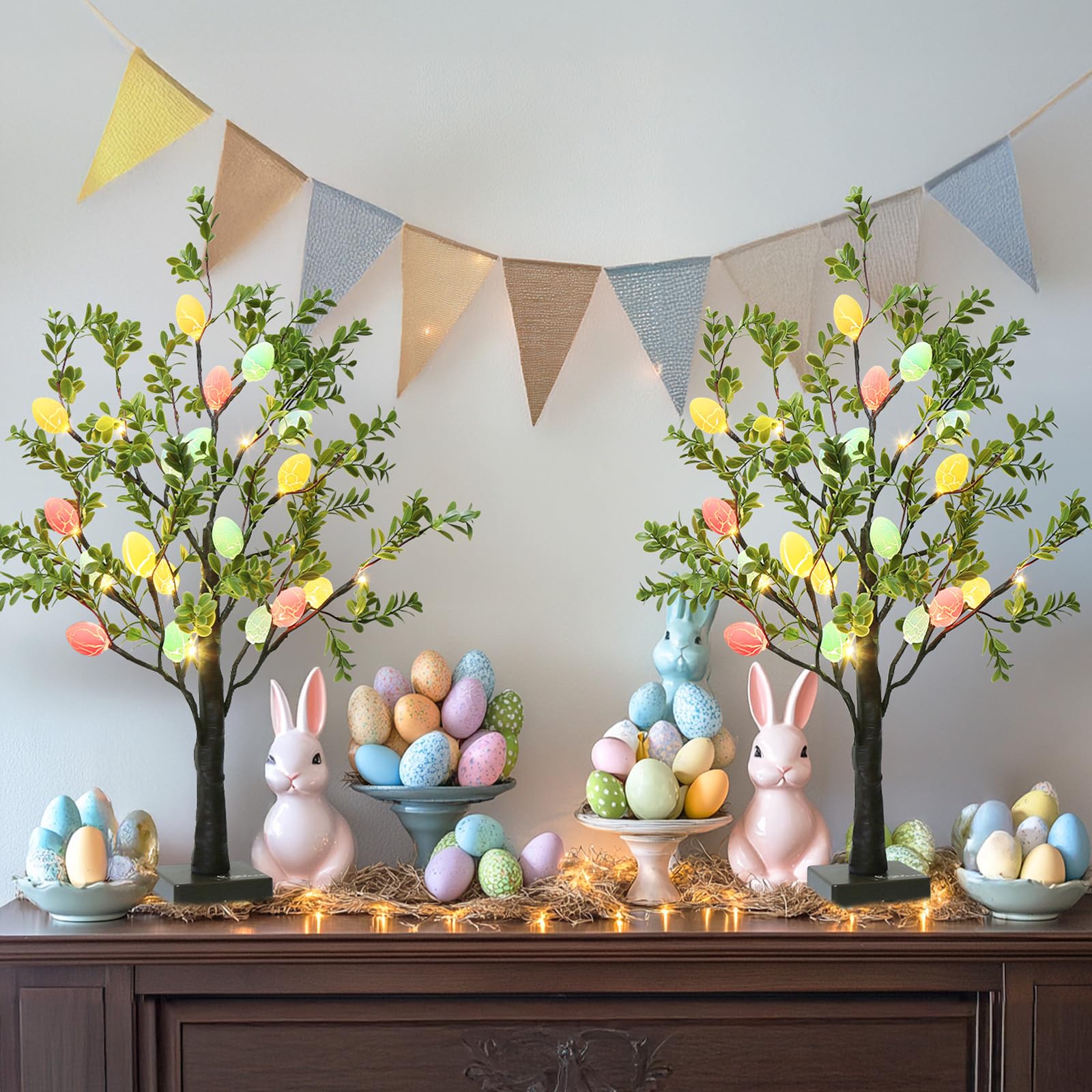 EAMBRITE 2Ft LED Lighted Easter Tree with 24 Hanging Eggs - Battery/USB Powered Artificial Tabletop Tree for Spring Home Decor - Perfect for Easter Celebrations, Party Centerpieces & Seasonal Table Displays (2 Pack)