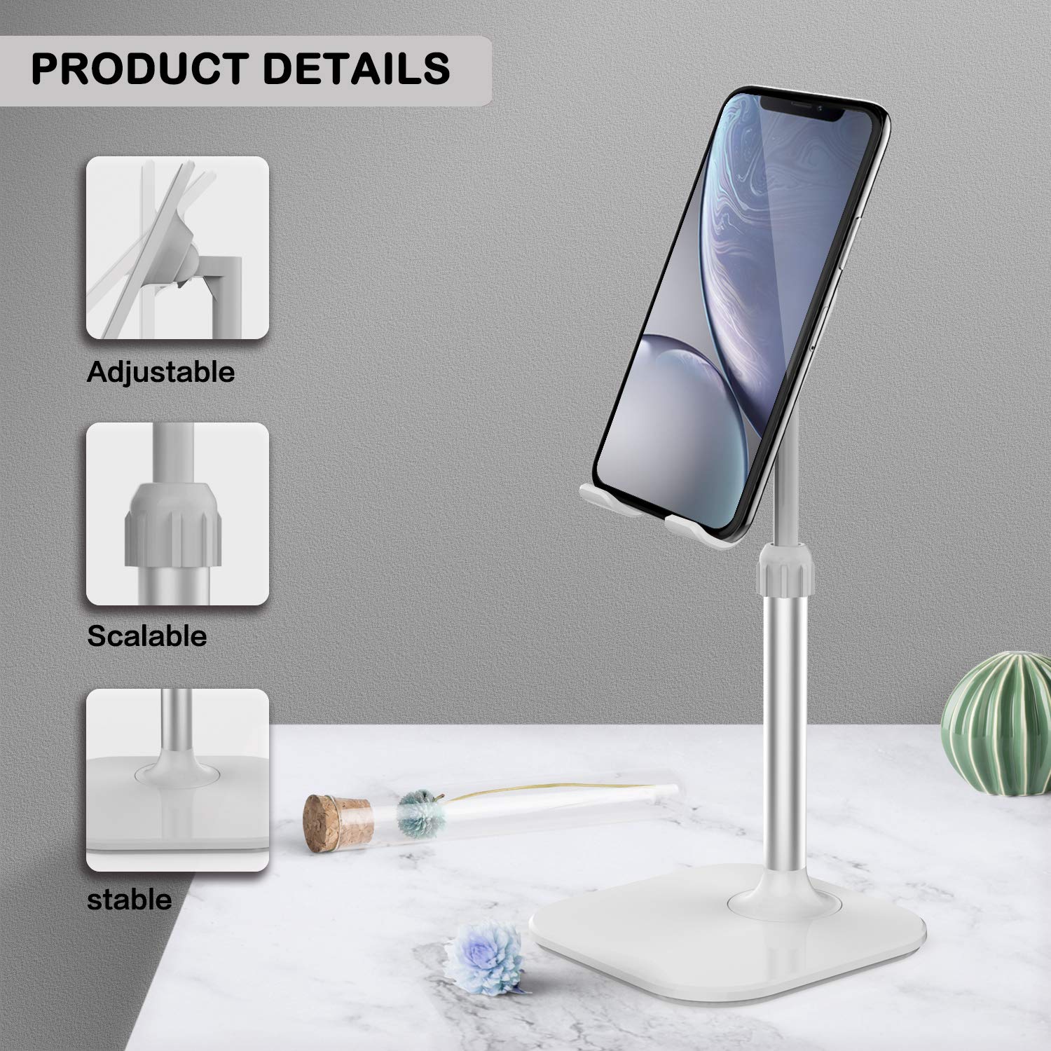 Doboli Adjustable Phone Stand for Desk - Universal Smartphone & Tablet Holder Compatible with iPhone, Samsung, iPad - Perfect Christmas Gift for Women, Men, Mom, Wife (White) - Ideal for Office, Home, Kitchen & Video Watching