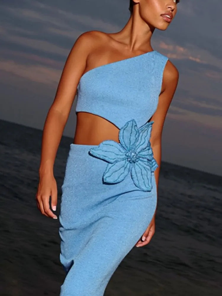Sexy One Shoulder Bandage Dress for Women - Sky Blue Floral Midi Bodycon Dress for Evening, Club, Party & Celebrity Events | Elegant & Stylish Night Out Outfit