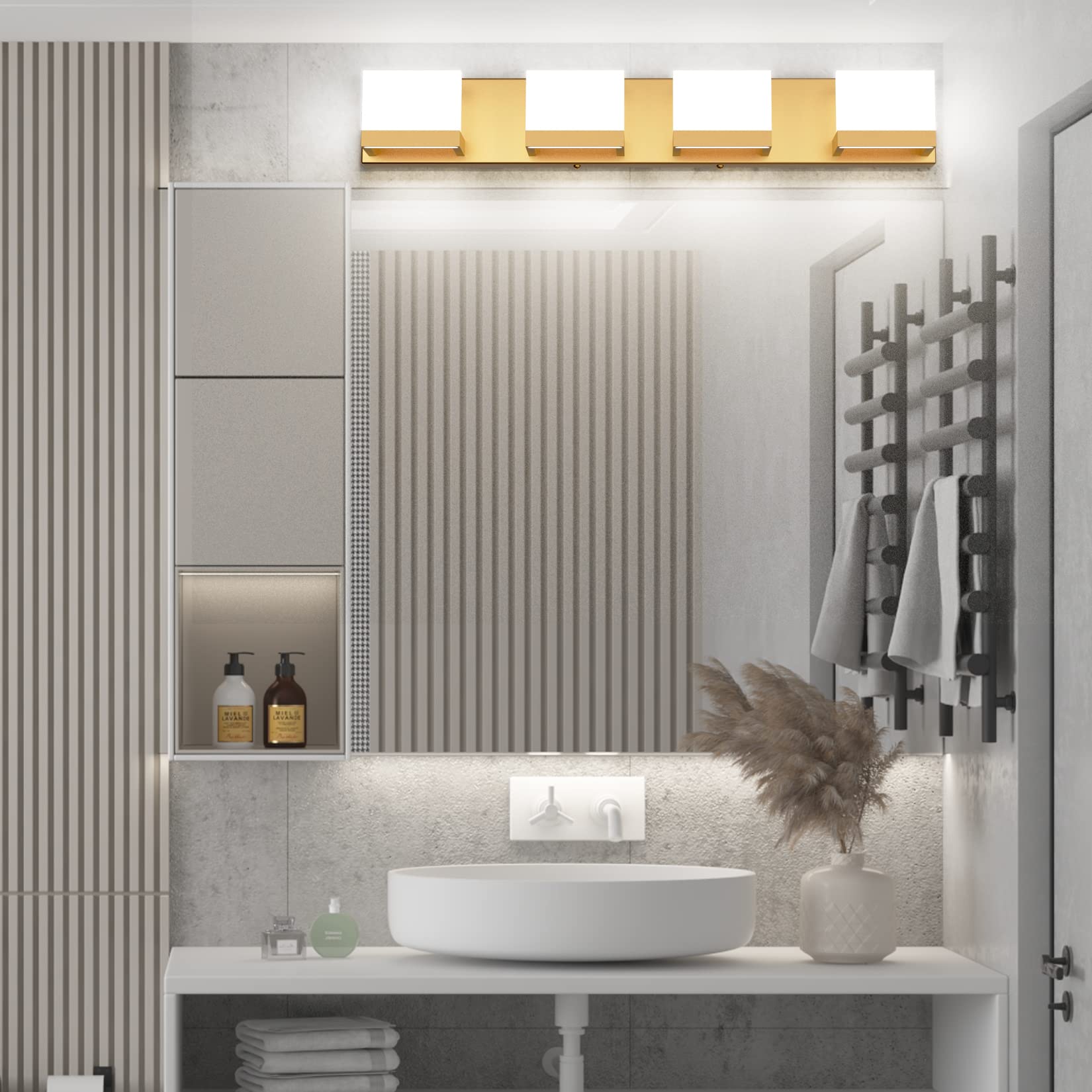 Tipace Modern LED Bathroom Vanity Lights - 4-Light Gold Wall Fixture with Up & Down Lighting, 6000K Daylight White - Perfect for Bathroom Makeup Mirror & Dressing Area Illumination