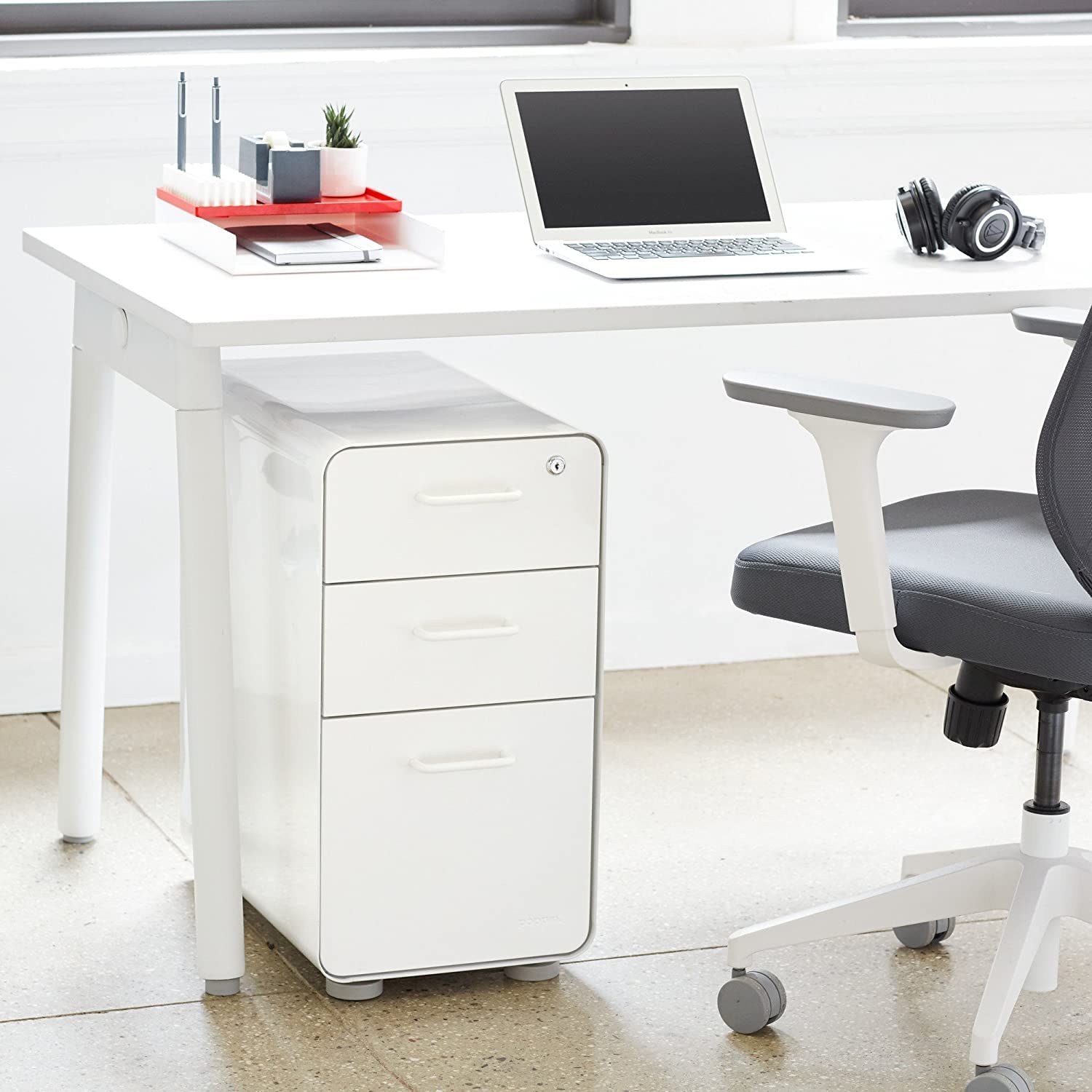 Poppin Slim Stow 3-Drawer File Cabinet - White & Light Gray | 2 Utility Drawers + 1 Hanging File Drawer | Powder-Coated Steel Office Storage | for Home Office, Workspace & Classroom Organization