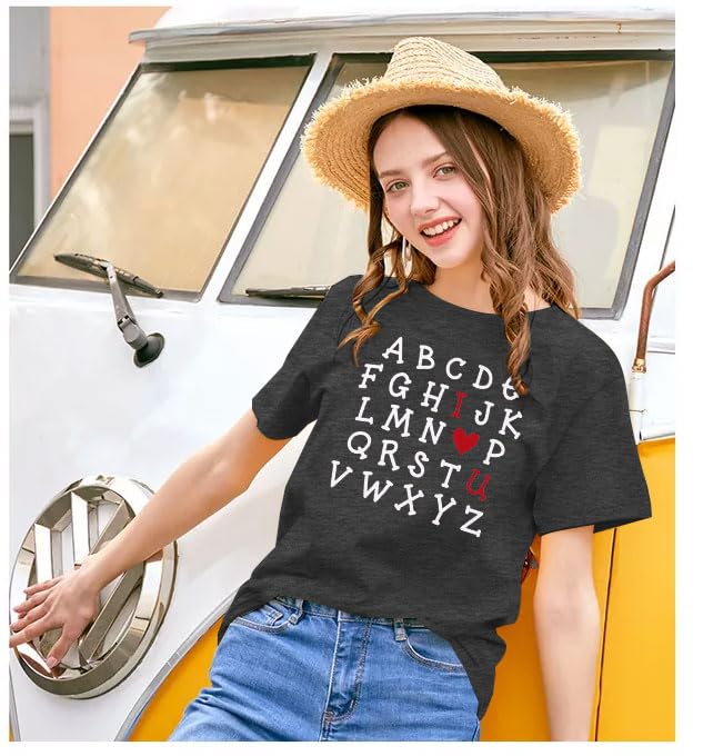 Valentine's Day Shirts for Teachers - Alphabet ABC I Love You Tops, Cute Valentine Gifts for Girlfriend, Short Sleeve Tees - Perfect for Classroom, Date Night & Romantic Occasions