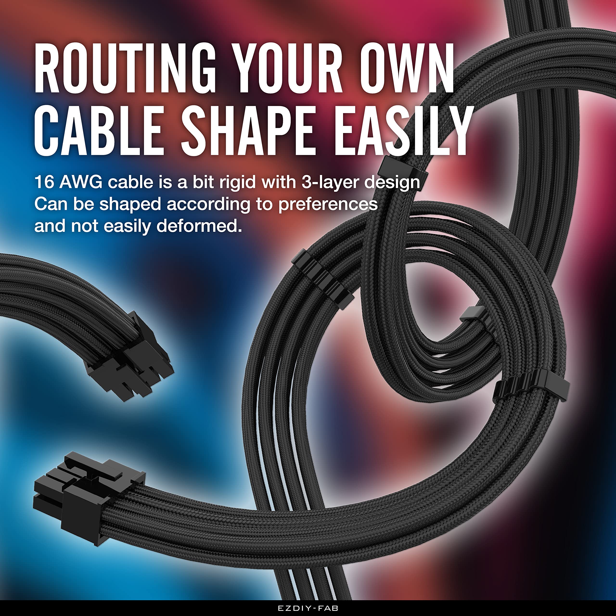 EZDIY-FAB Premium PSU Cable Extension Kit - 16 AWG Sleeved Cables (24-PIN, 8-PIN, 6-PIN, 4+4-PIN) with Cable Combs - Black | Custom Power Supply Upgrade for Gaming PC, Workstation & Custom Builds