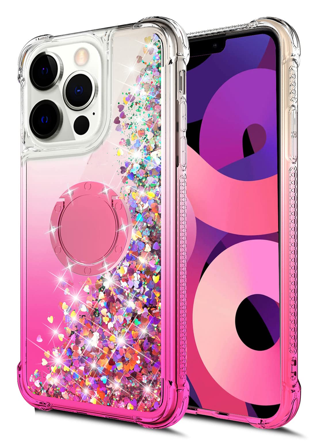 Sparkling Liquid Glitter Phone Case for iPhone 13 Pro Max (6.7 inch) - Rose Gold Floating Waterfall Design with Rotating Ring Kickstand | Durable TPU Protection | Perfect for Parties, Travel & Everyday Use
