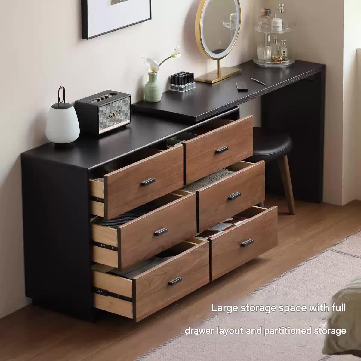Premium Black Walnut & Oak Solid Wood Italian Vanity Dressing Table - Elegant Light Luxury Makeup Desk for Bedroom, Boudoir, and Master Bathroom