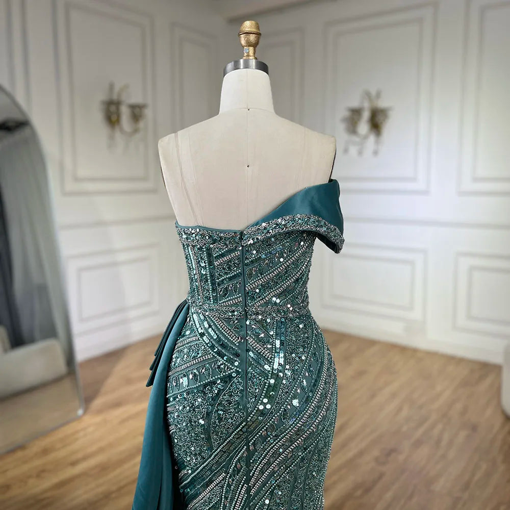Elegant Turquoise Beaded One Shoulder Evening Dress for Wedding Party & Formal Events - LA72335 | Perfect for Prom, Cocktail Parties & Special Occasions