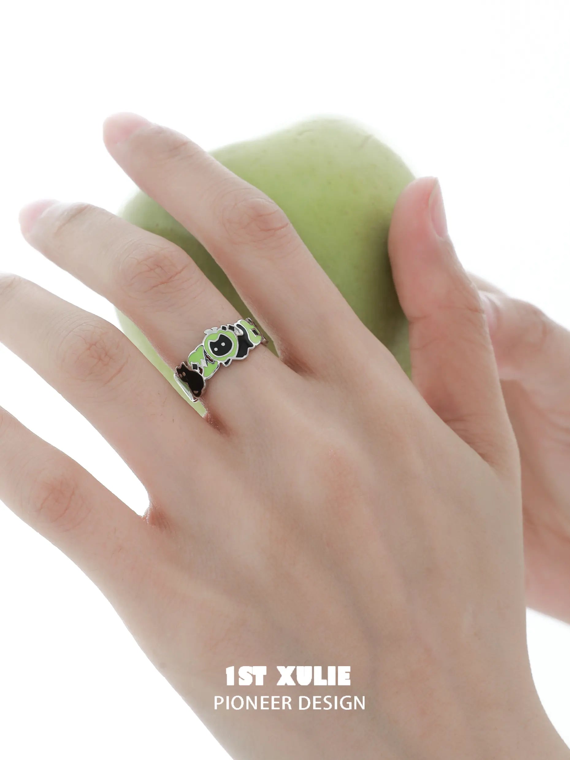Cuties' Appleland Kitten & Puppy 925 Sterling Silver Apple Slices Open Ring - Cute Animal Jewelry for Women, Girls | Perfect Gift for Pet Lovers, Birthday, Anniversary