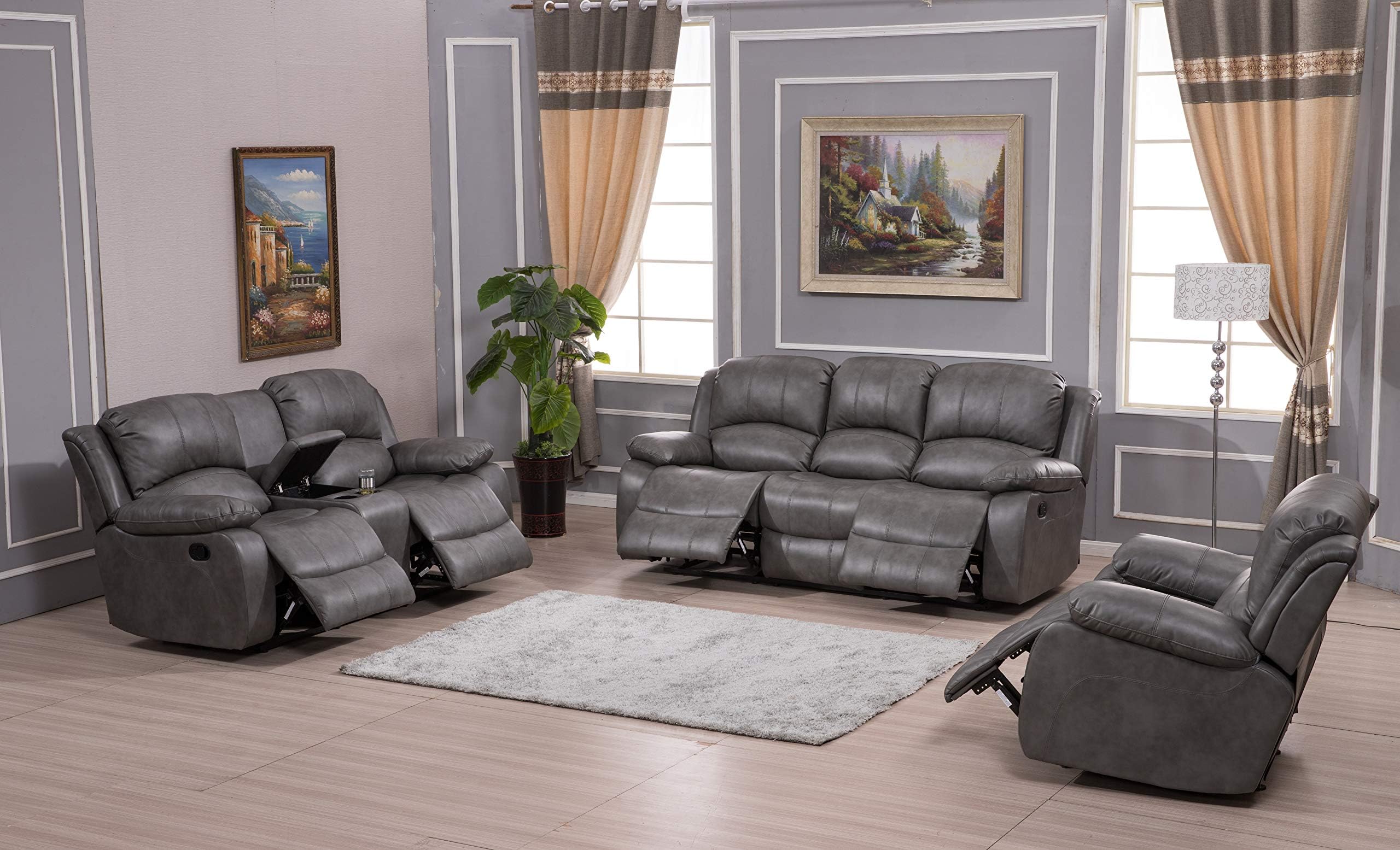 Betsy Furniture 3-Piece Bonded Leather Reclining Sofa Set with Loveseat and Glider Chair - 8018 Series in Gray | Modern Living Room Furniture for Home Theater & Family Relaxation