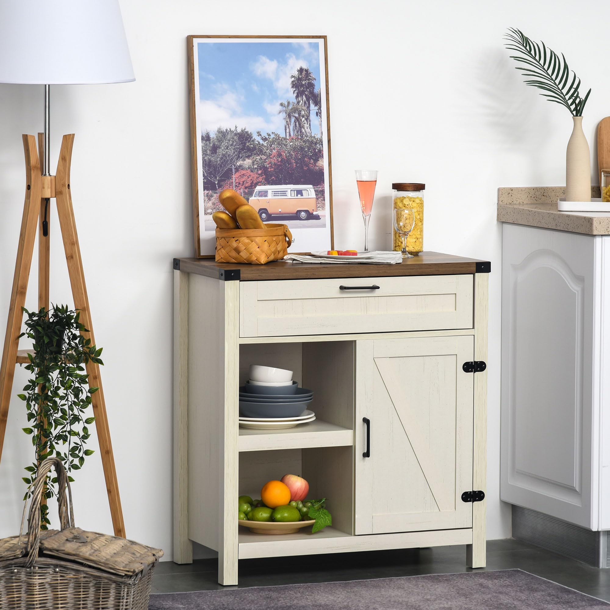HOMCOM Farmhouse Sideboard Buffet Cabinet with Rustic Barn Doors - White Distressed Wood Kitchen Storage Cabinet for Dining Room, Living Room & Entryway - Perfect for Home Decor & Organizing Dishes, Linens & More