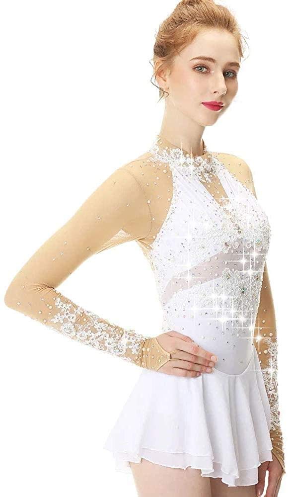 Professional Figure Skating Dress for Women & Girls - Handmade Ice Skating Competition Dress for Dance, Performance & Shows - White XL - Perfect for Ice Shows, Competitions & Ballet Performances