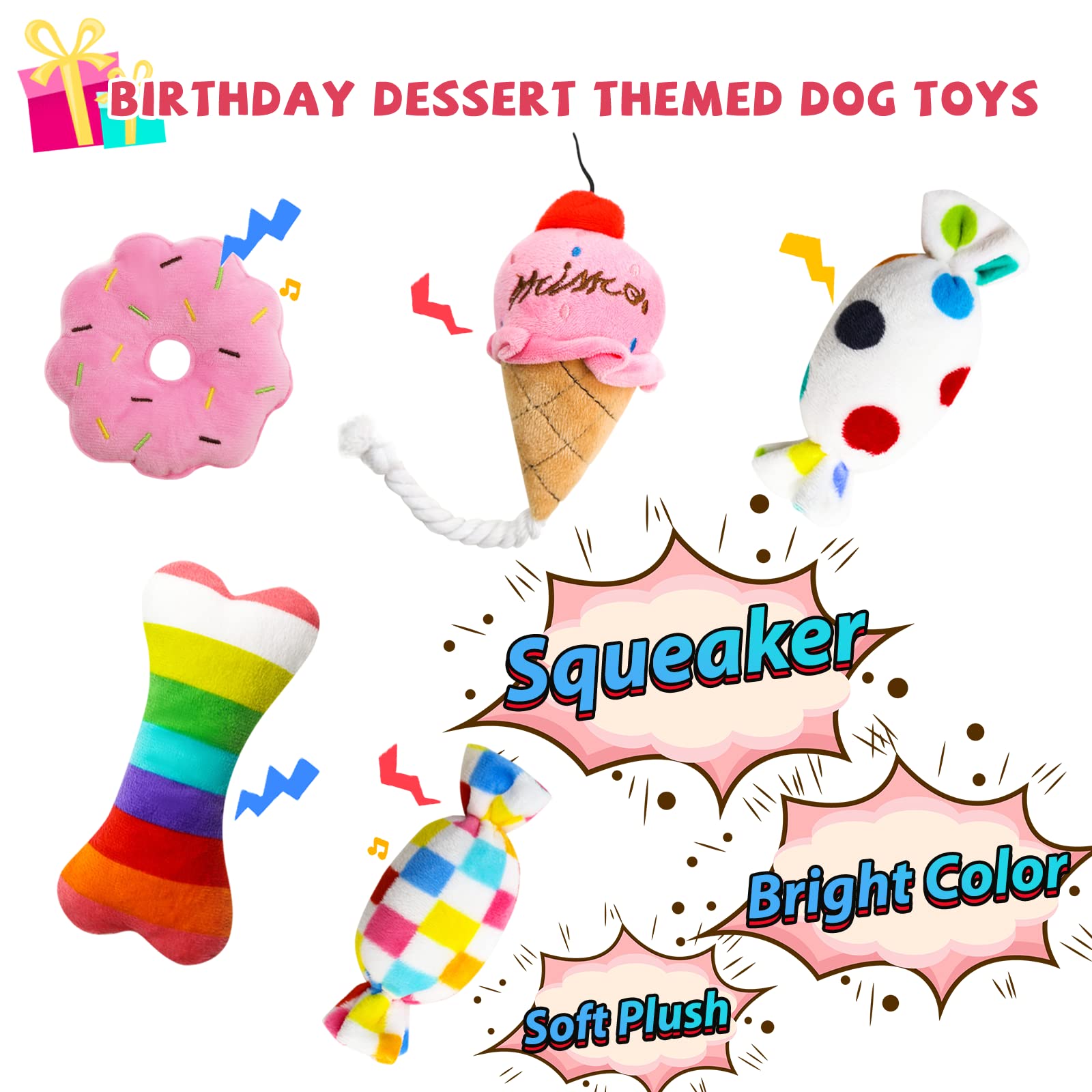 Happy Birthday Dog Toys - 9 Pack Pink Squeaky Plush Birthday Cake Hat & Bandana Set for Small & Medium Dogs | Perfect for Dog Birthday Parties, Puppy Celebrations & Gift Giving Occasions