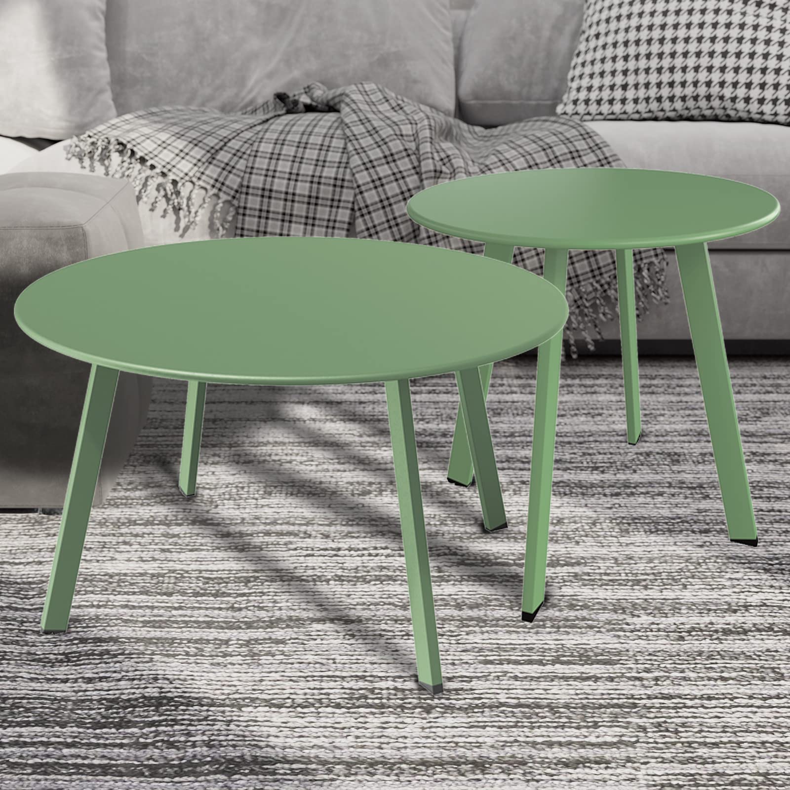 Grand Patio 2-Piece Round Outdoor Coffee Table Set - 1 Large Side Table & 1 Small End Table in Sage Green - Perfect for Garden, Patio, and Poolside Relaxation