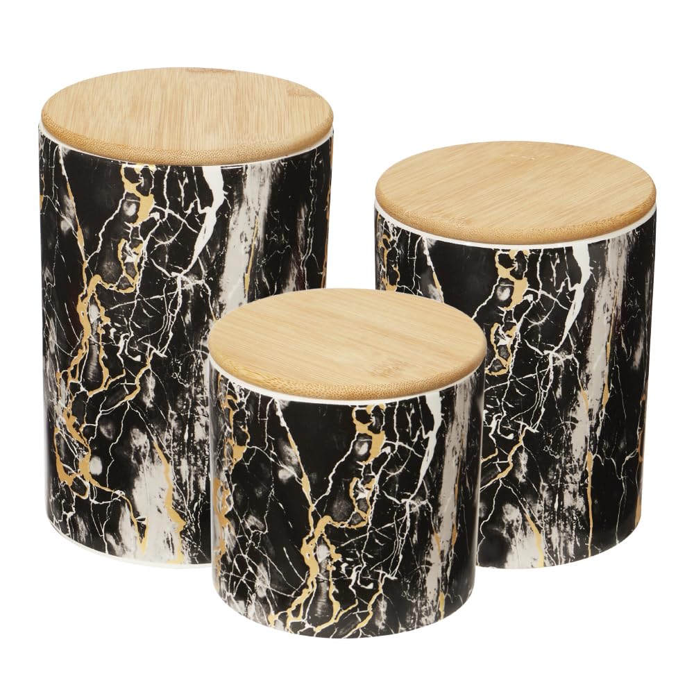 Premium Black Marble 3-Piece Kitchen Canister Set with Bamboo Lids - Airtight Food Storage Containers for Flour, Sugar, Coffee, Tea, Snacks & Baking Ingredients | Modern Pantry Organization for Countertop, Kitchen & Dining Room Decor