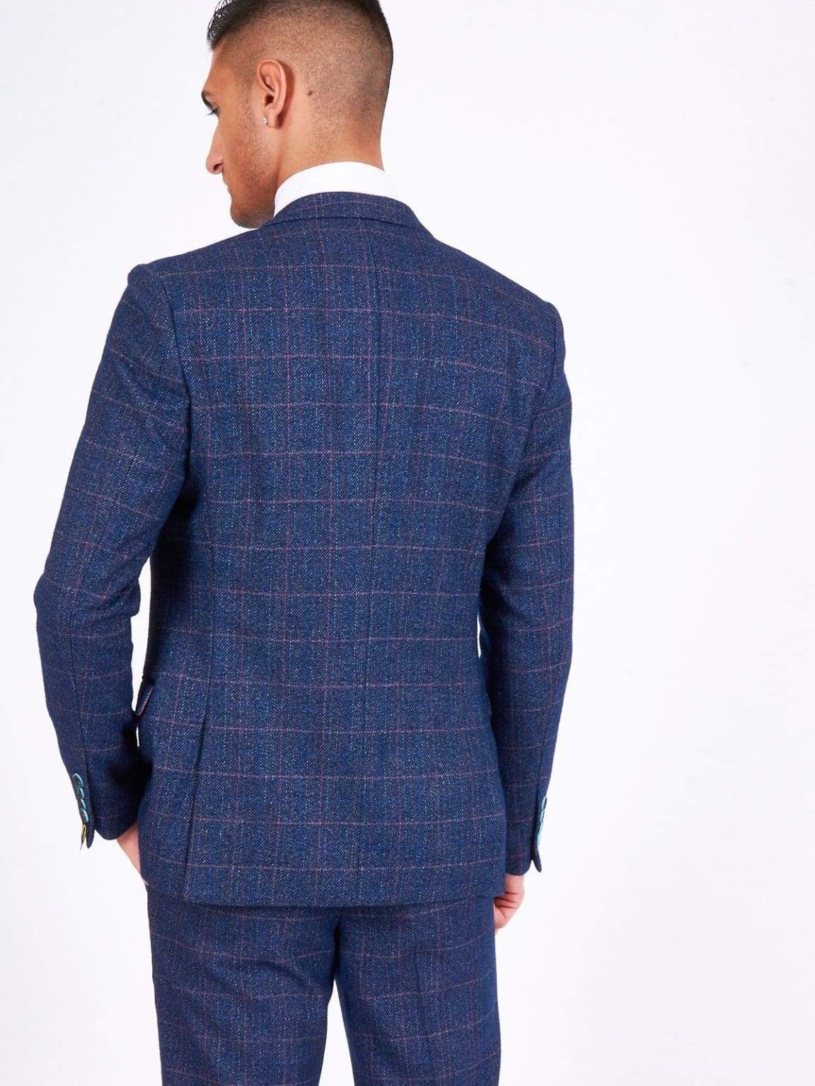 Marc Darcy Harry Men's Indigo Blue Slim Fit Tweed Check Suit Jacket - Formal Business Blazer for Weddings, Office & Special Occasions