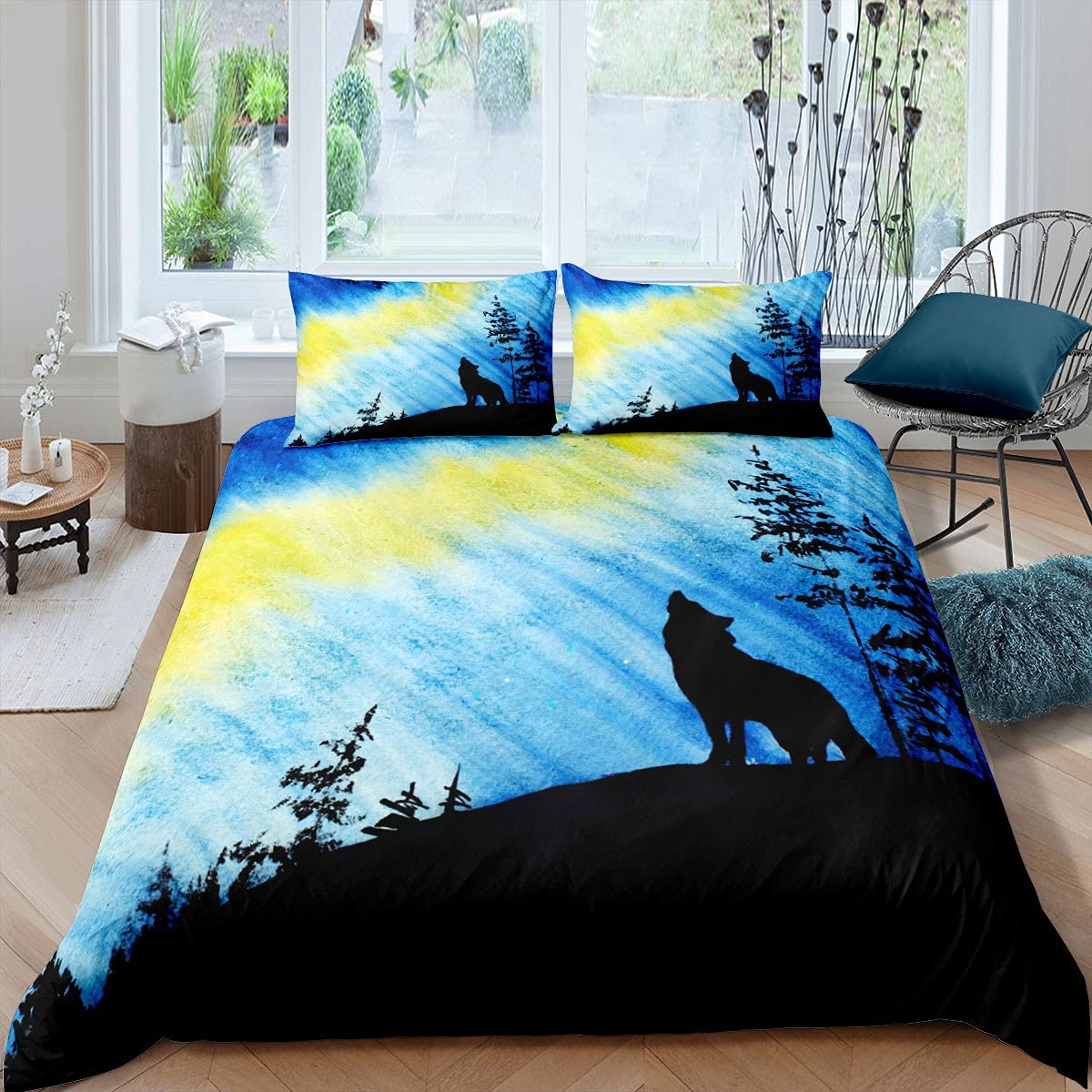 Wolf Print Comforter Cover Set - Safari Animal & Starry Sky Duvet Cover with Pillowcase - Blue Yellow Tie Dye Bedding for Kids, Girls & Women - Twin Size Bedroom Decor - Perfect for Jungle Themed Rooms & Cozy Nights