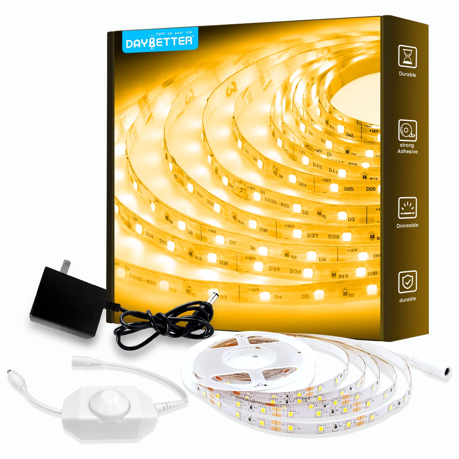 DAYBETTER 16.4ft Warm White LED Strip Lights - 3000K Dimmable Rope Light, Super Bright 12V LED Tape for Bedroom, Kitchen, Mirror & Home Decor - Perfect for Accent Lighting, Under Cabinet Illumination, and DIY Interior Design Projects