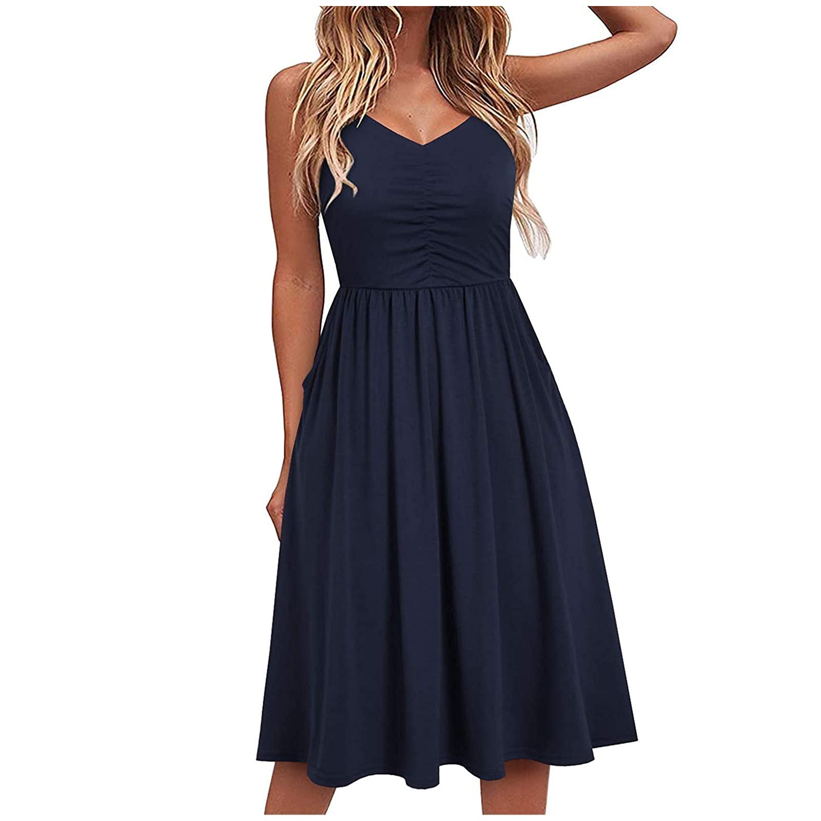 Women's Summer Casual Spaghetti Strap Sundress - Pure Color Sleeveless Swing Midi Dress for Beach, Party & Vacation | Lightweight Flowy Dress for Outdoor Events, Date Night & Summer Travel