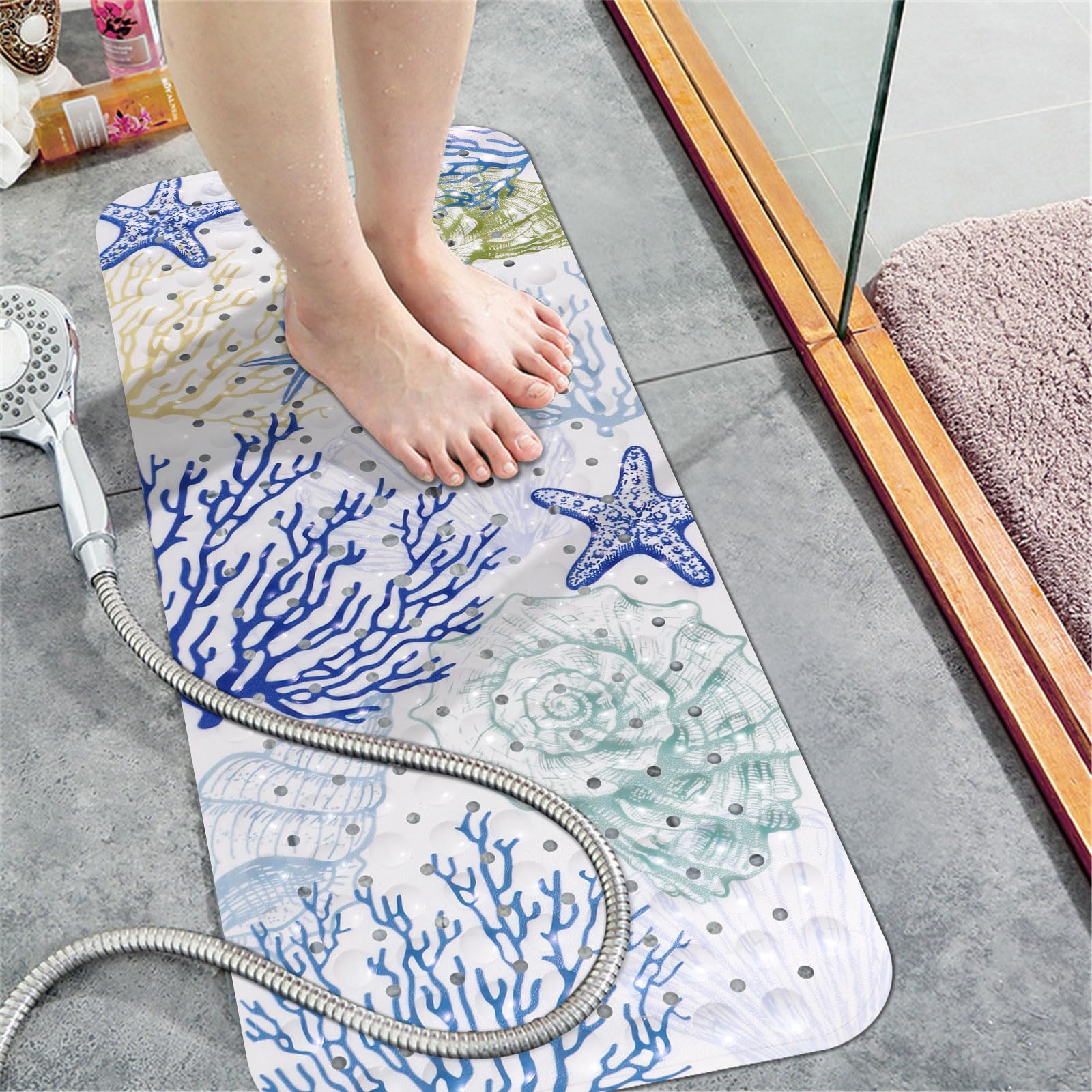 Topotdor Non-Slip Bath Mat for Shower & Tub - 40x16 Inch Extra Long Bathtub Mat with Suction Cups & Drain Holes, Machine Washable Bathroom Floor Mat for Elderly, Kids & Adults - Coastal Starfish Coral Design - Perfect for Beach House, Spa & Coastal-Themed Bathrooms