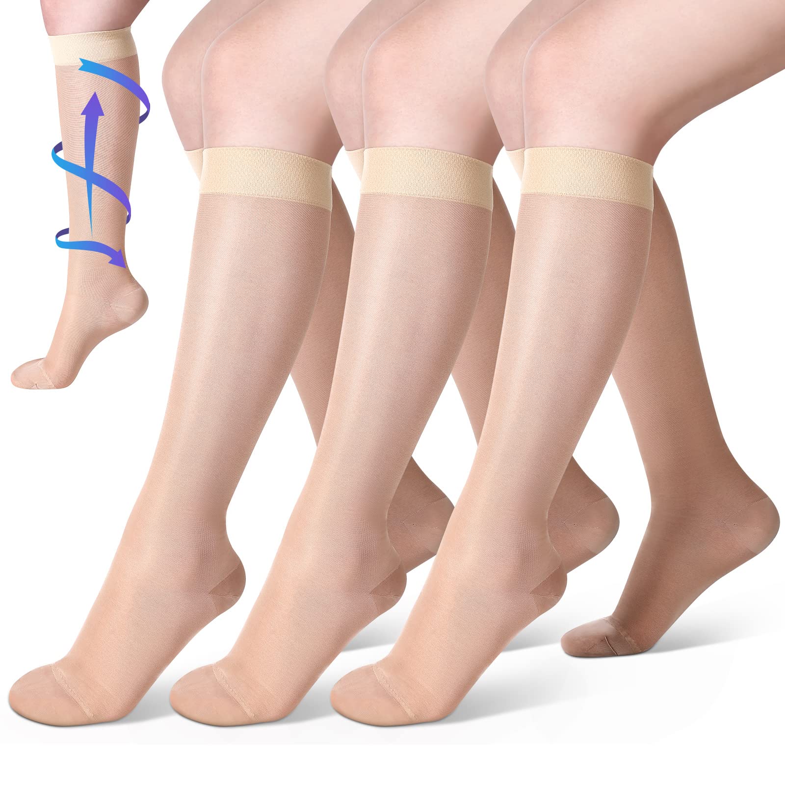 Shellwei 3 Pairs 20-30 mmHg Knee High Compression Socks for Women - Sheer Support Stockings for Circulation, Travel & Nursing