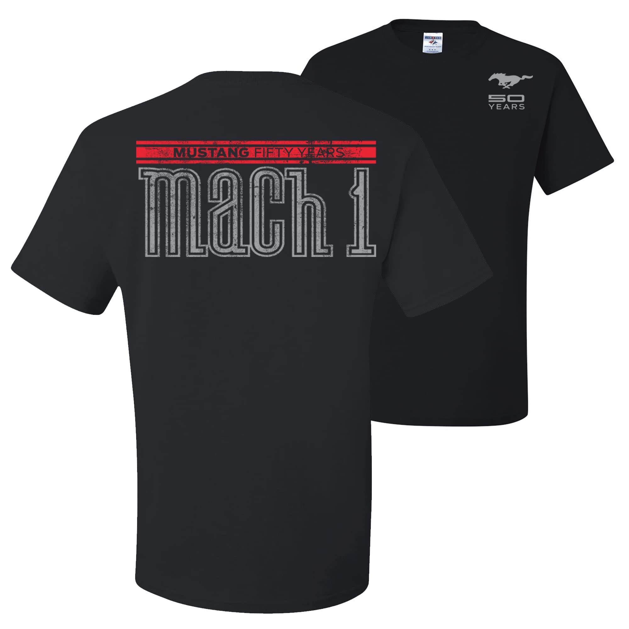 Official Ford Mustang 50th Anniversary Mach 1 Classic Logo Licensed Men's T-Shirt - Front & Back Design for Car Enthusiasts & Vintage Muscle Car Lovers