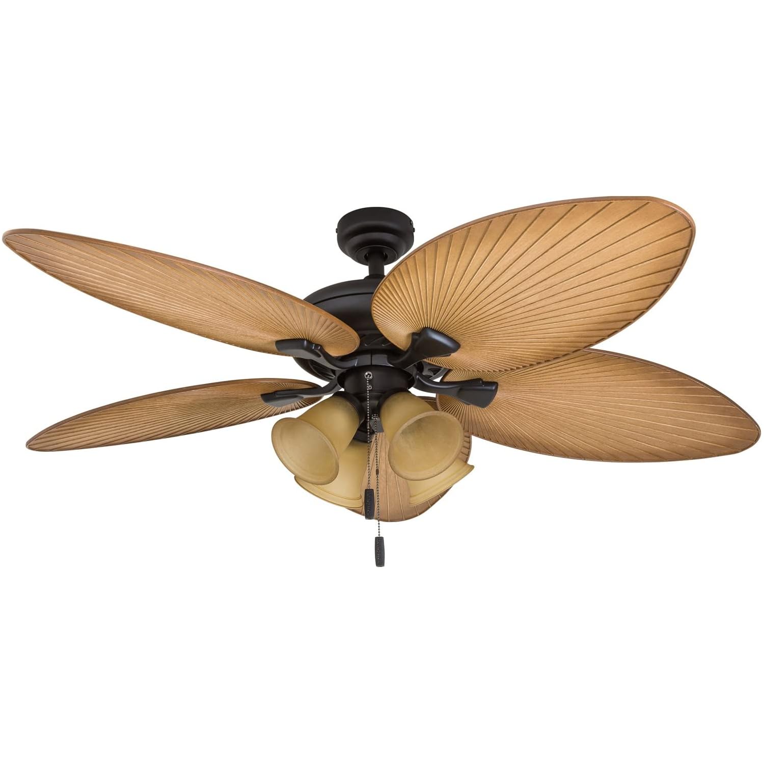 Honeywell 52 Inch Tropical Ceiling Fan with Light - Indoor/Outdoor Use, 5 Palm Leaf Blades, Reversible Motor, Pull Chain & 3 Mounting Options - Perfect for Patio, Bedroom, Living Room & Outdoor Spaces (Bronze, Model 50506-01)