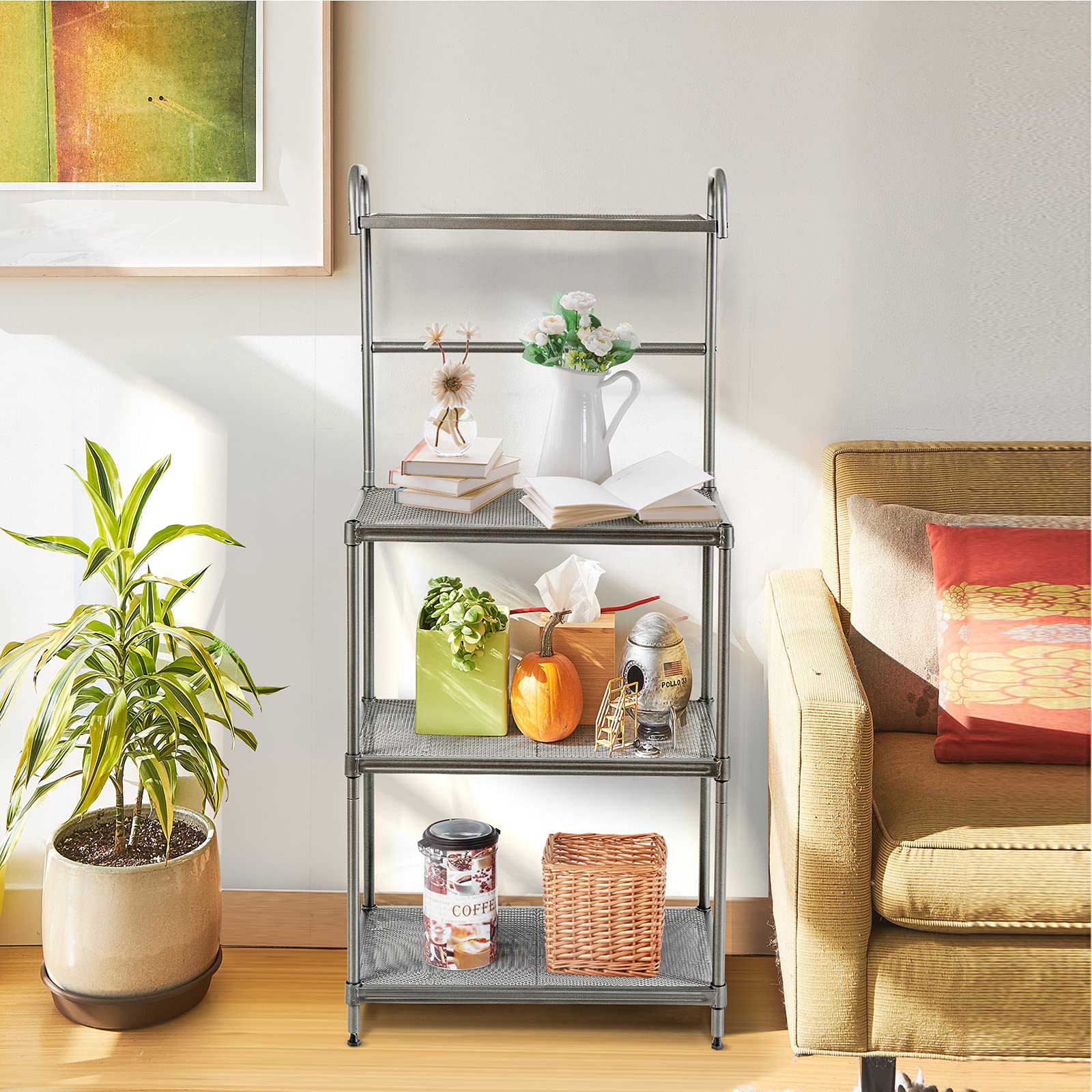PETSITE 4-Tier Metal Baker's Rack with Microwave Stand - Kitchen Storage Shelf for Spices, Pots & Pans - Space-Saving Grey Utility Rack for Small Kitchens, Apartments & Dorm Rooms