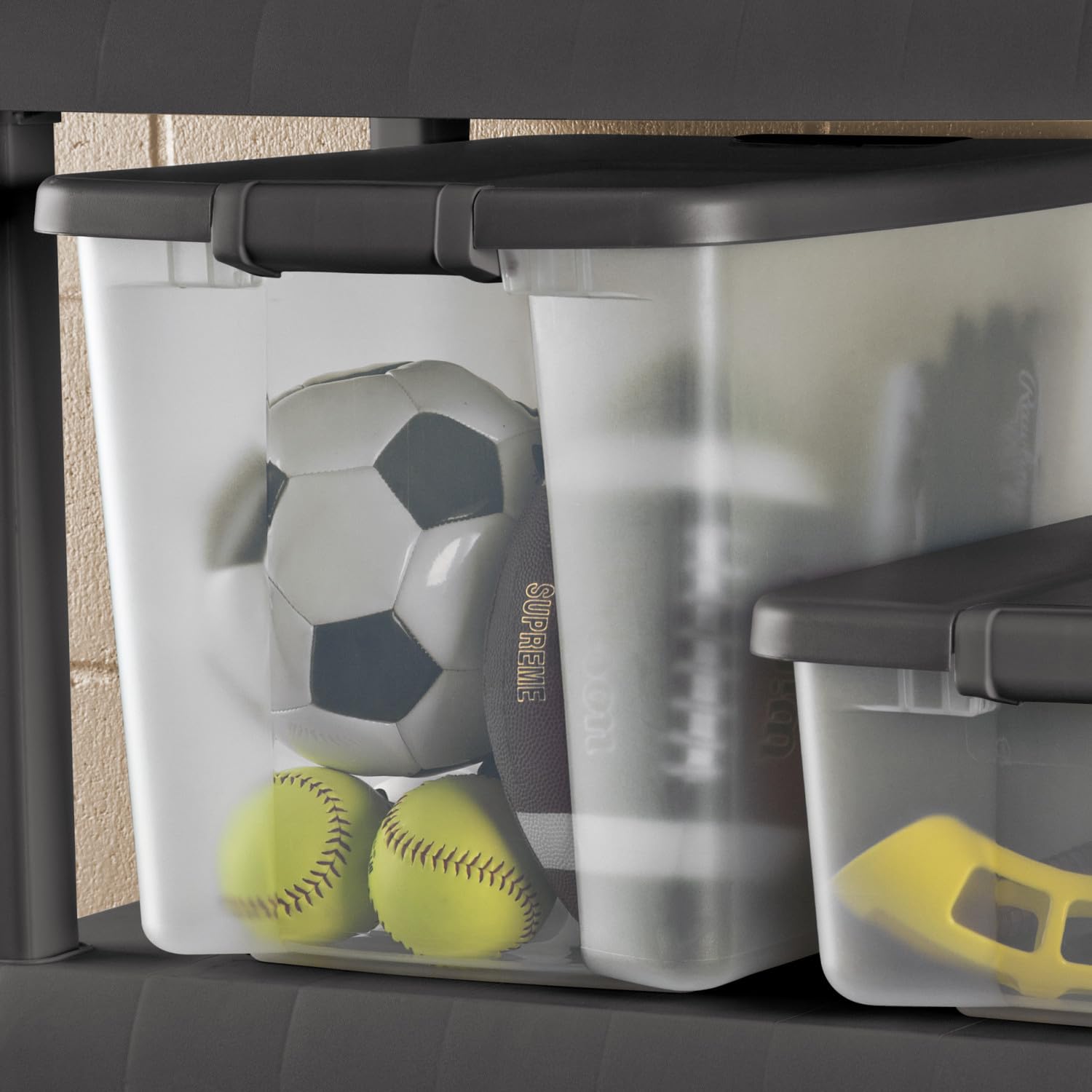 Sterilite 19376406 50-Quart Storage Bins with Lids - 6-Pack Stackable Shelf Totes in Driftwood & Platinum for Home Organization, Closet, Garage, and Office Storage Solutions