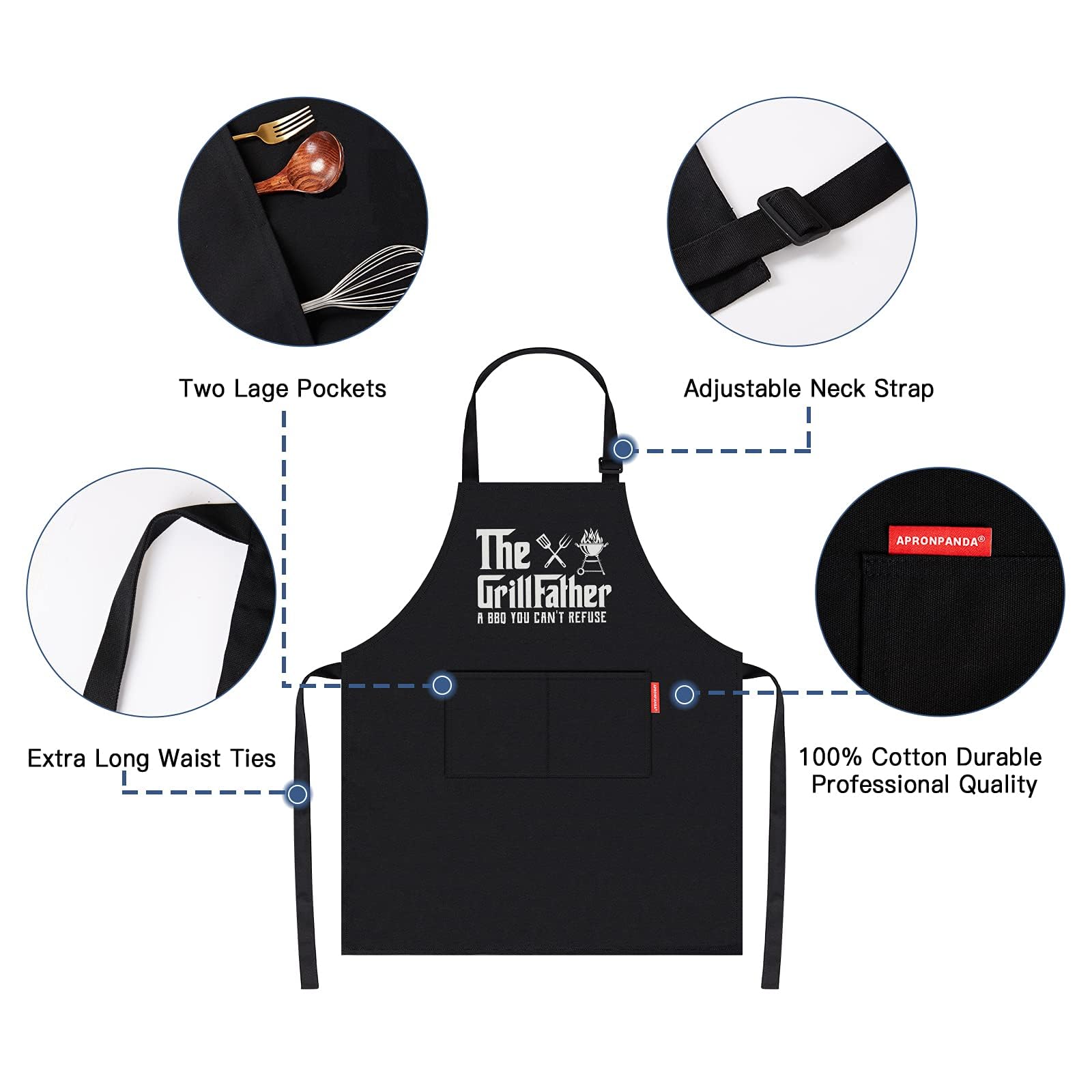 APRONPANDA The Grill Father - Funny BBQ Cooking Apron for Men with Pockets | Perfect Christmas & Birthday Gift for Husband, Dad, Grandad | Ideal for Grilling, Backyard BBQs & Kitchen Cooking