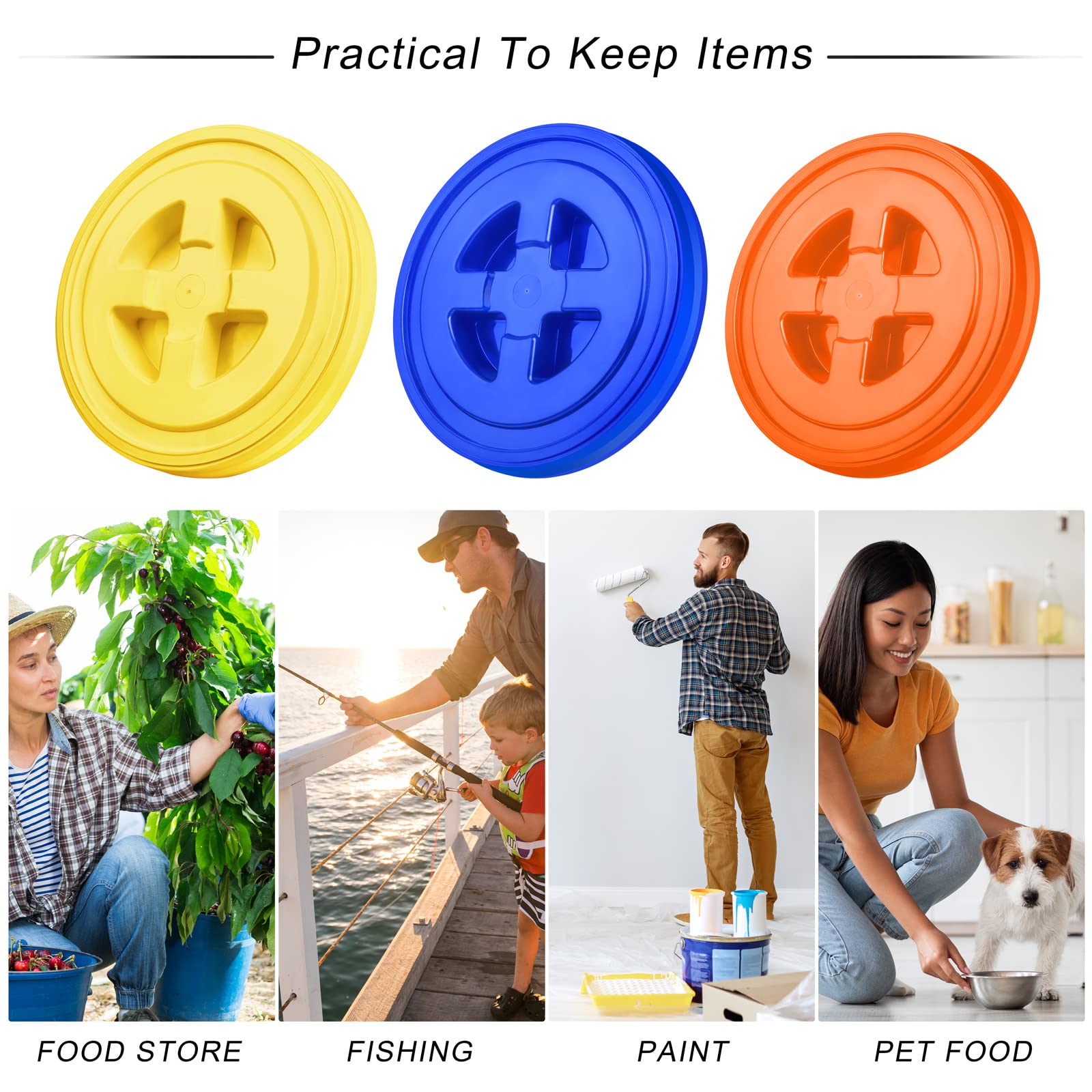 Aodaer 3-Piece 5 Gallon Bucket Lids - Screw Top Plastic Storage Lids for Pet Food, Grains, Paint & Coatings - Leak-Proof & Airtight Seal - Yellow, Blue, Orange - Ideal for Home Storage, Farm Use & DIY Projects