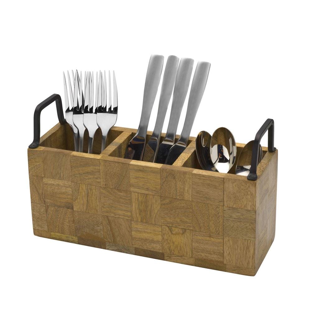 Avery Checkered Flatware Wood Caddy - Stylish Wooden Utensil Holder for Kitchen, Dining Table, and Picnic Organizer