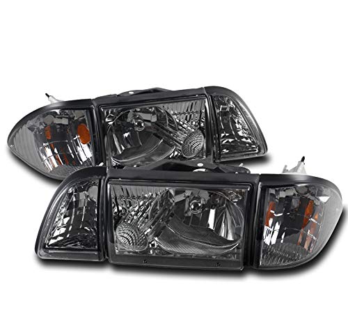 Smoke Halogen Headlights with Corner & Parking Lights - Compatible with 1987-1993 Ford Mustang | Replacement Headlamps for Improved Night Visibility & Style Upgrade