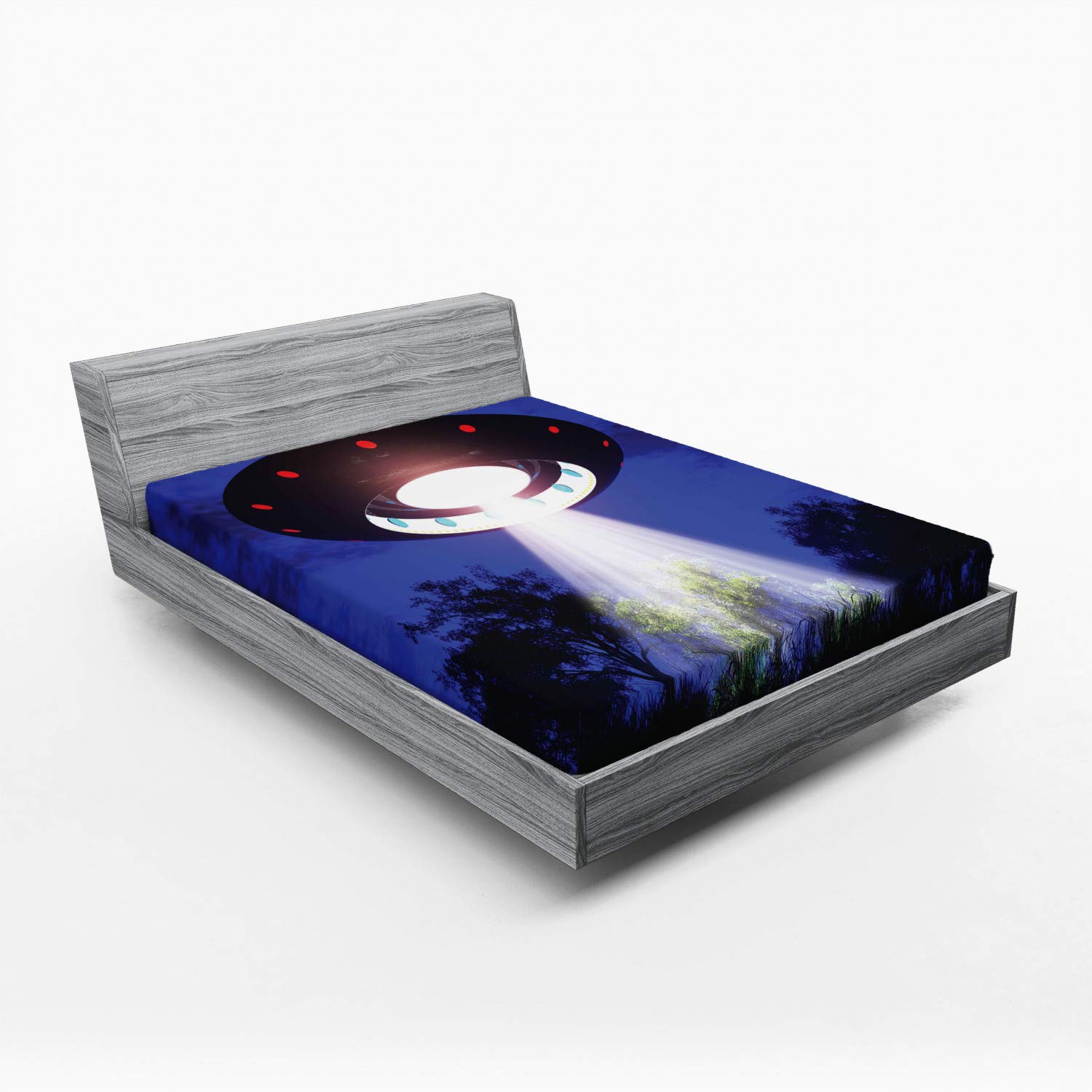 Ambesonne UFO Fitted Queen Sheet - Sci-Fi Alien Space Travel & Woodland Night Scene Design - Deep Pocket Elastic All Around for Comfort - Perfect for Themed Bedrooms, Dorm Rooms & Space Enthusiasts