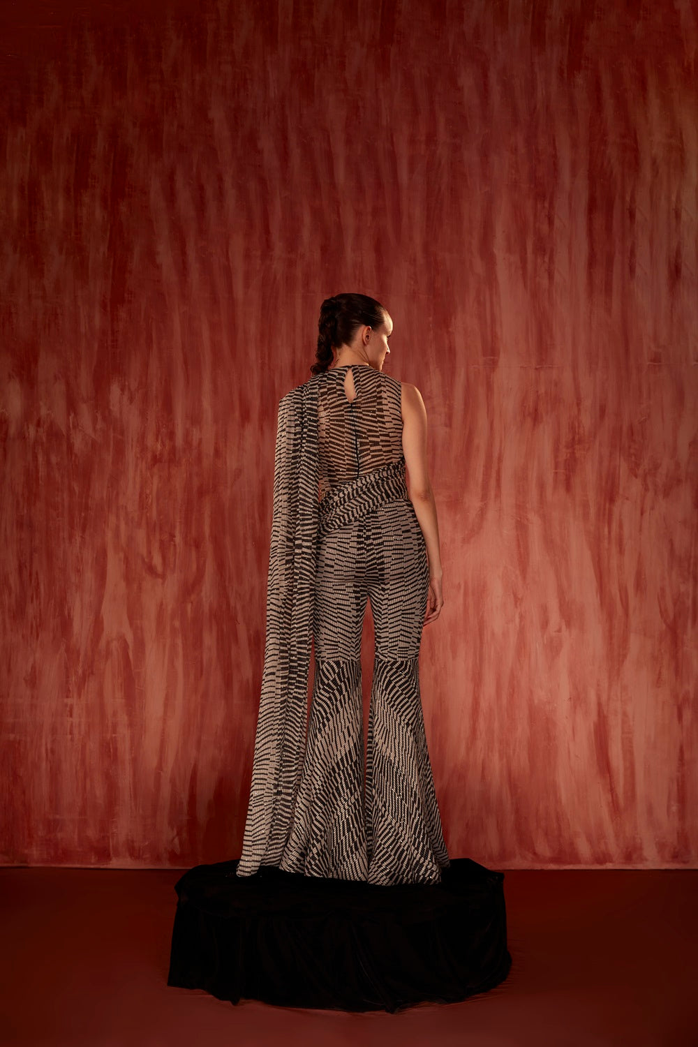 Black & White Byzantine Print Bodysuit and Pant Set with Attached Drape - Elegant Dancewear for Performances & Costume Parties