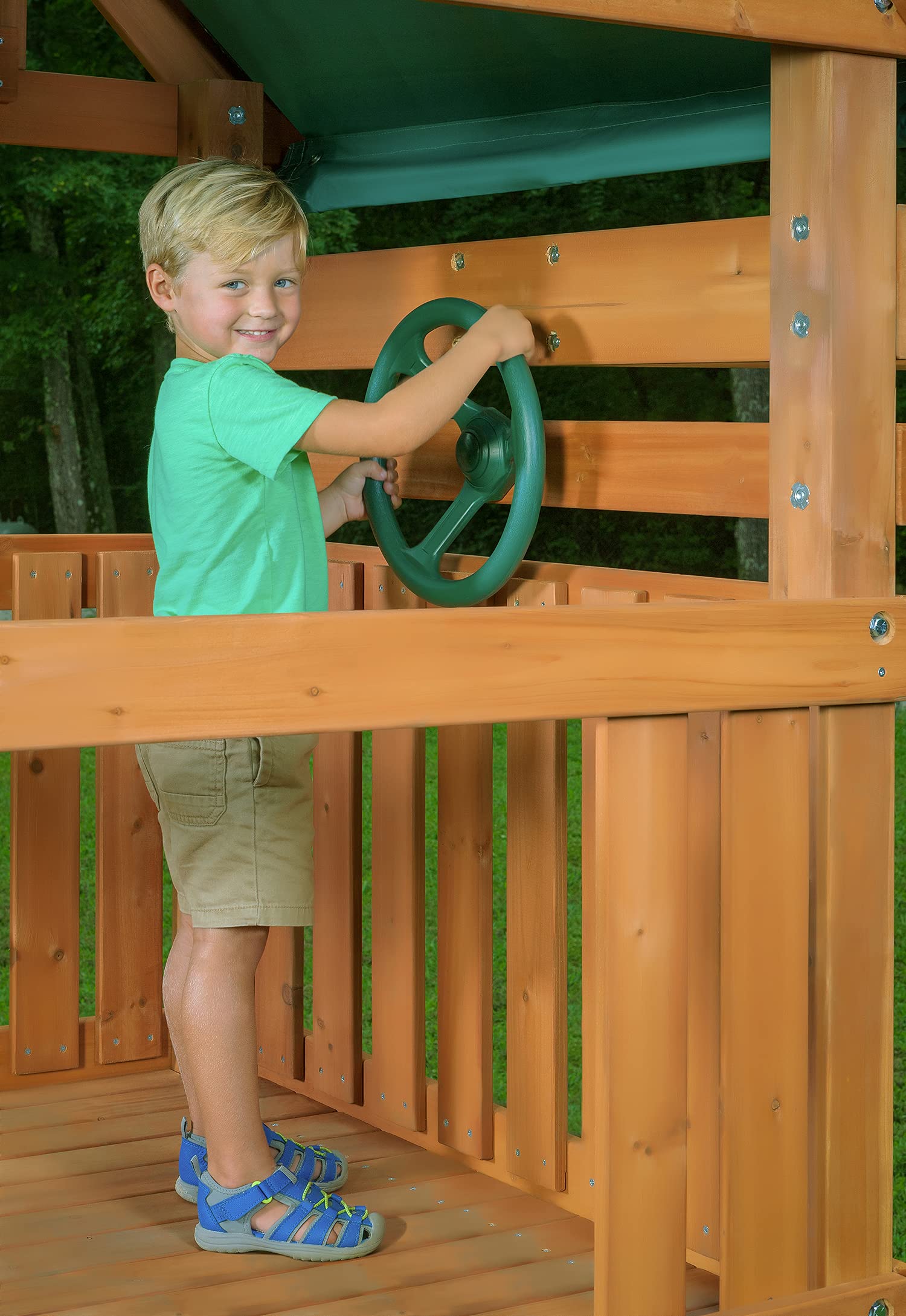 Mountain View Wooden Swing Set with Tarp Roof - Customizable Accessories & Slide Colors (Green Options) - Perfect for Backyard Playgrounds & Outdoor Family Fun