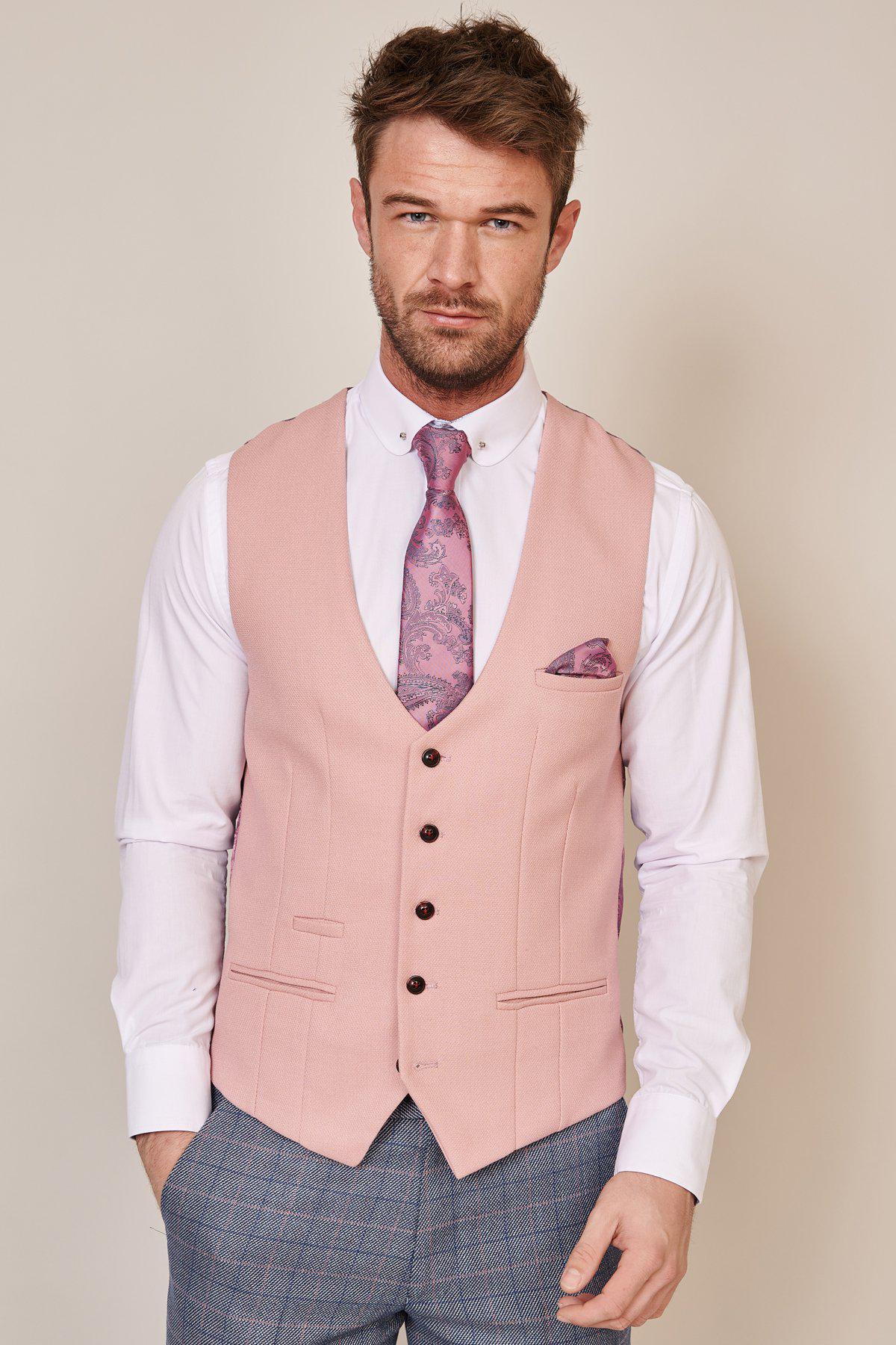 DION Blue Tweed Check Suit with Kelvin Pink Waistcoat - Stylish Men's Formal Wear for Weddings, Business Meetings & Special Occasions